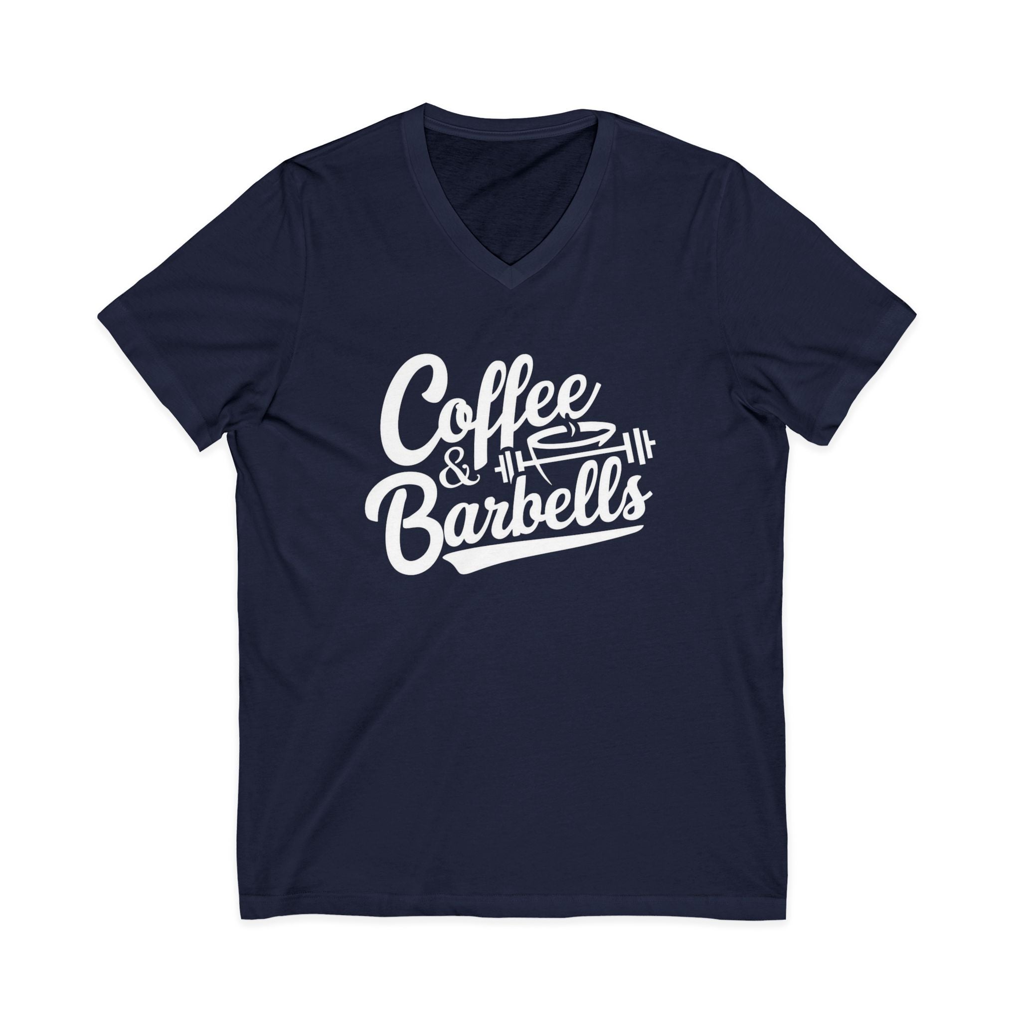Coffee & Barbells - Unisex Jersey Short Sleeve V-Neck Tee - White Logo Plain Back