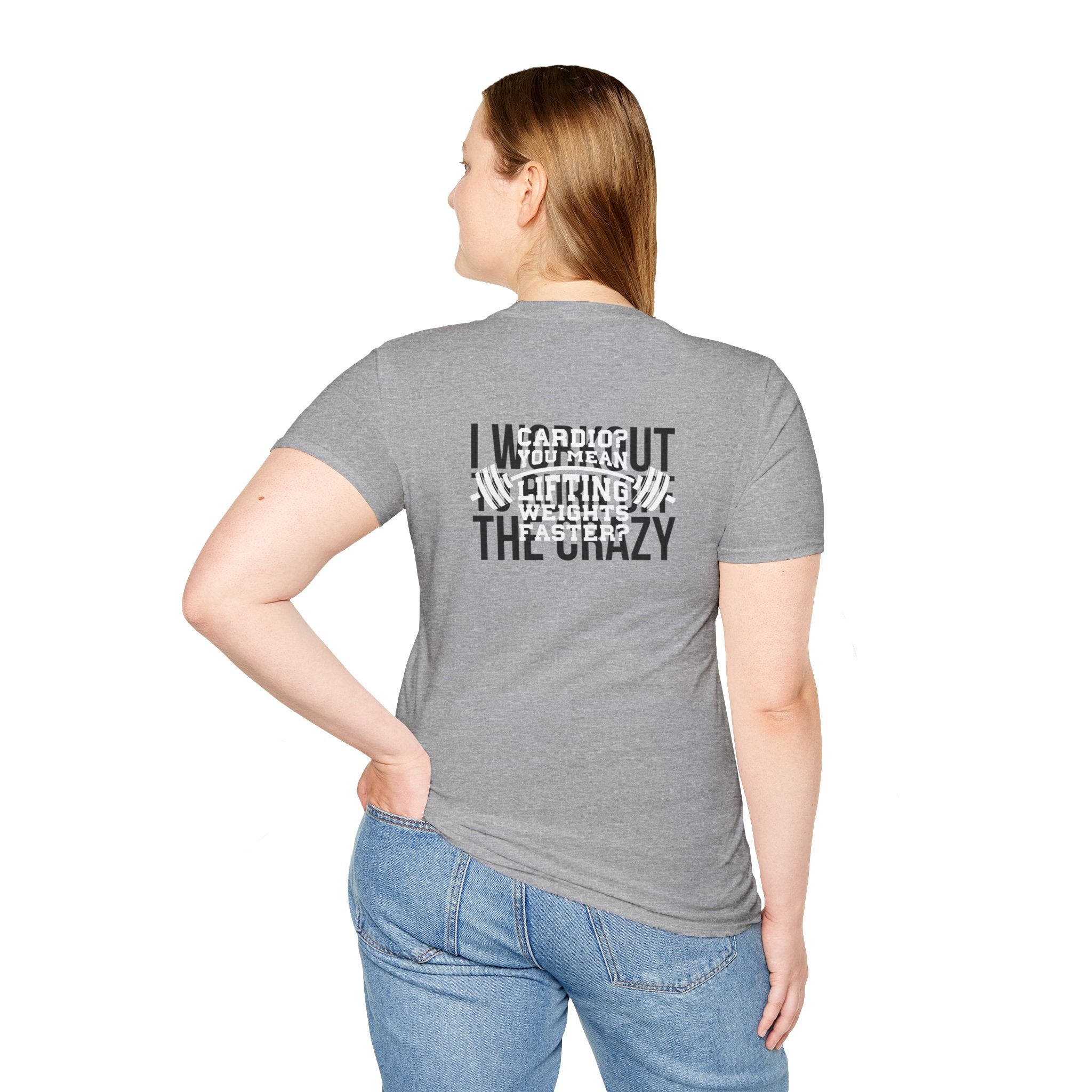 Cardio = Lift Weights Faster - Unisex Softstyle T-Shirt - Logo Front & Back