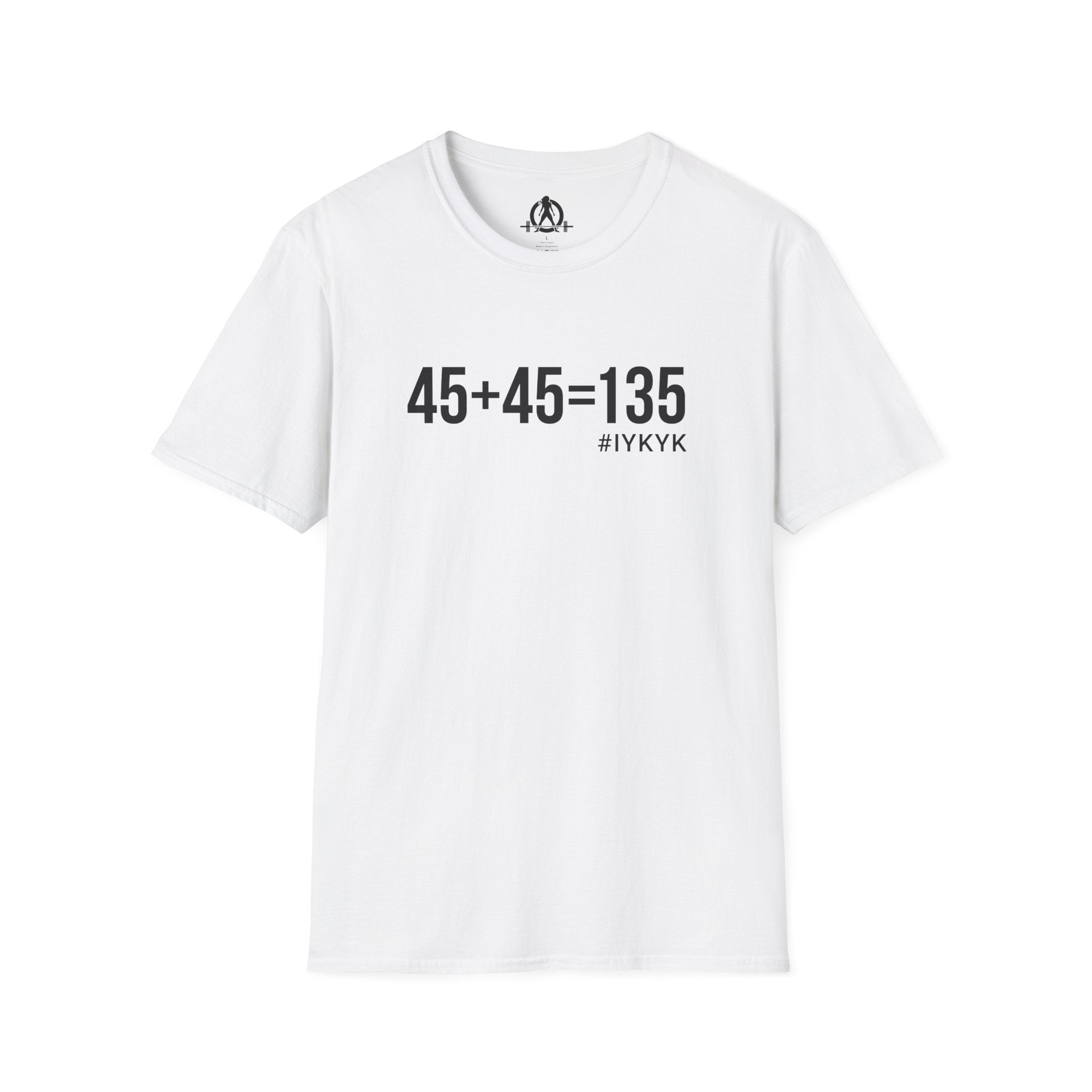 45 + 45 = 135 - Unisex Softstyle T-Shirt - Black Print on Front Plain Back
