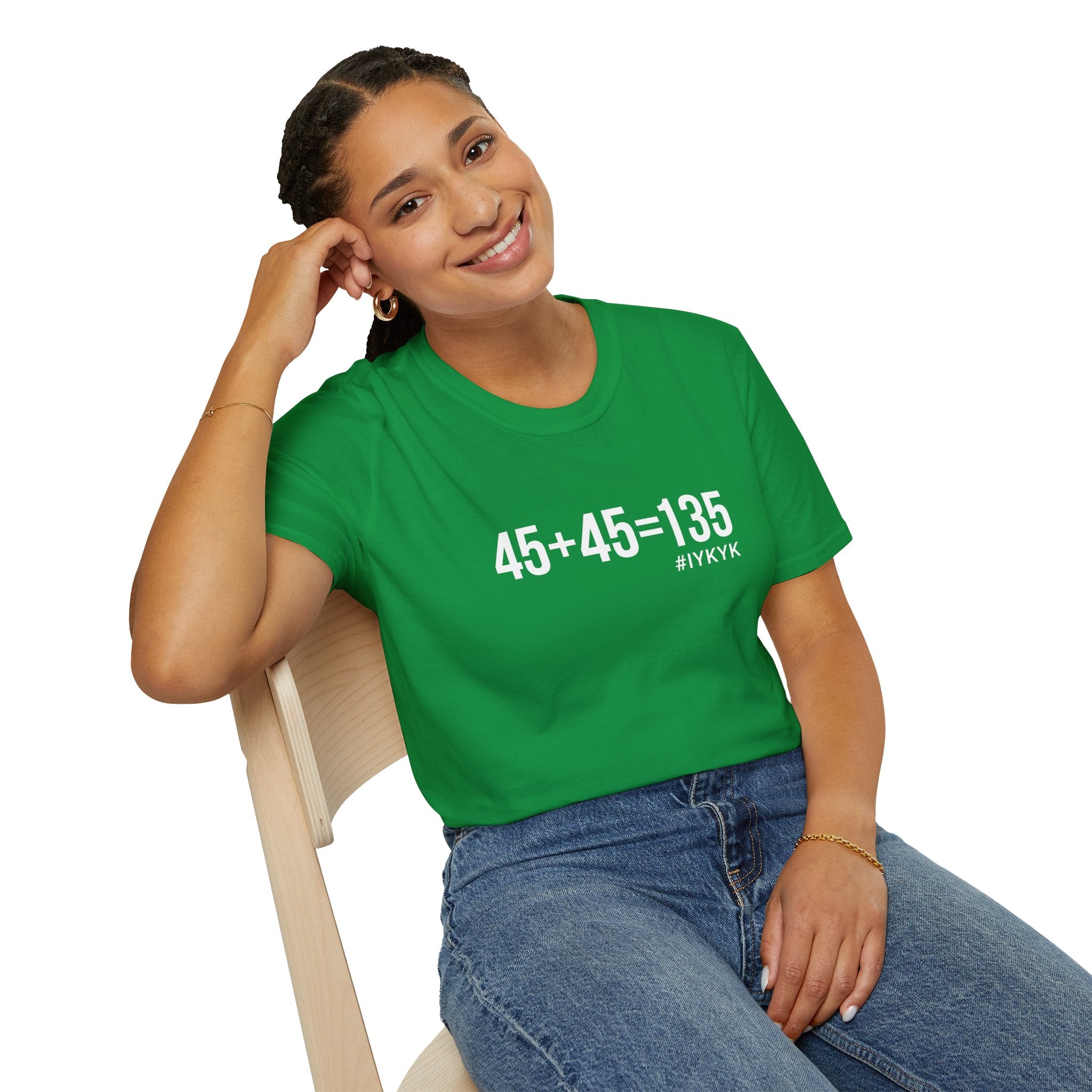 45 + 45 = 135  - Unisex Softstyle T-Shirt - Print on Front Plain Back
