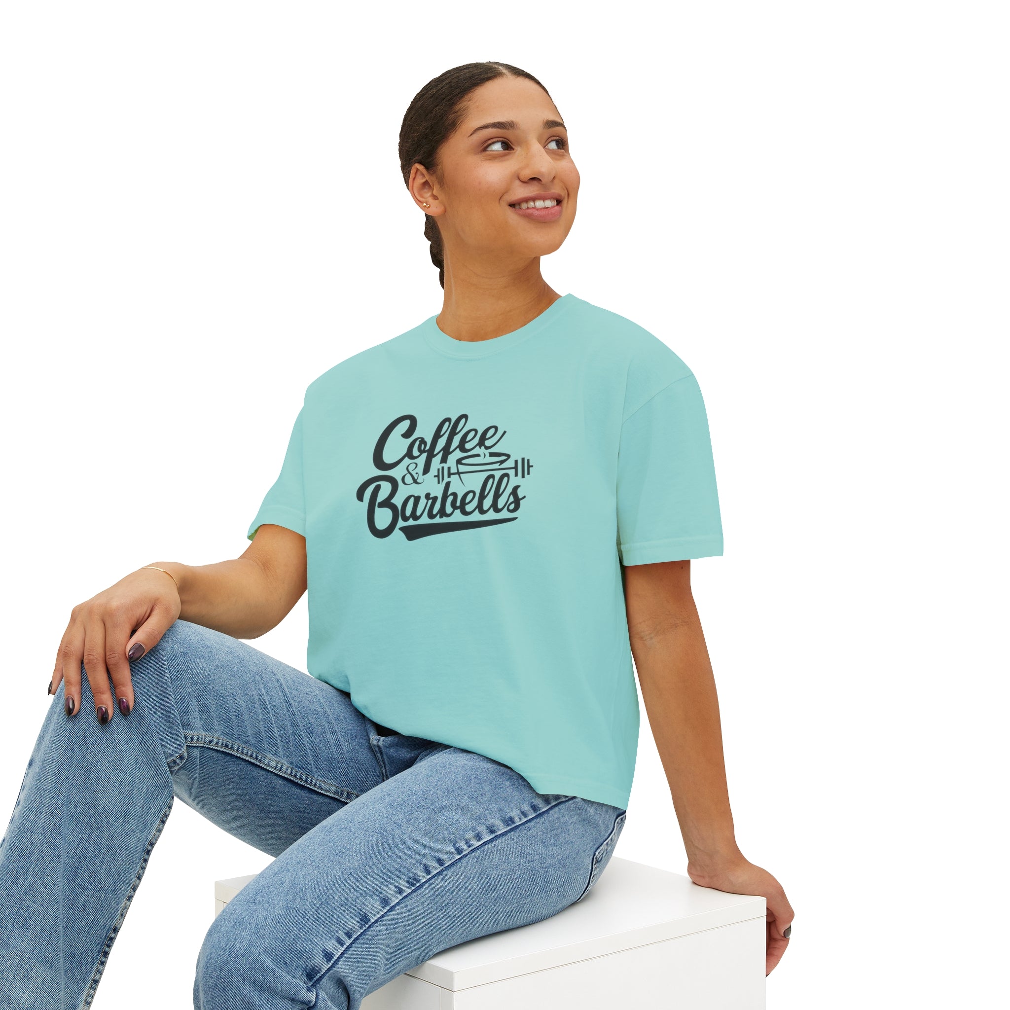 Coffee & Barbells - Women's Boxy Tee - Black Logo Front Plain Back