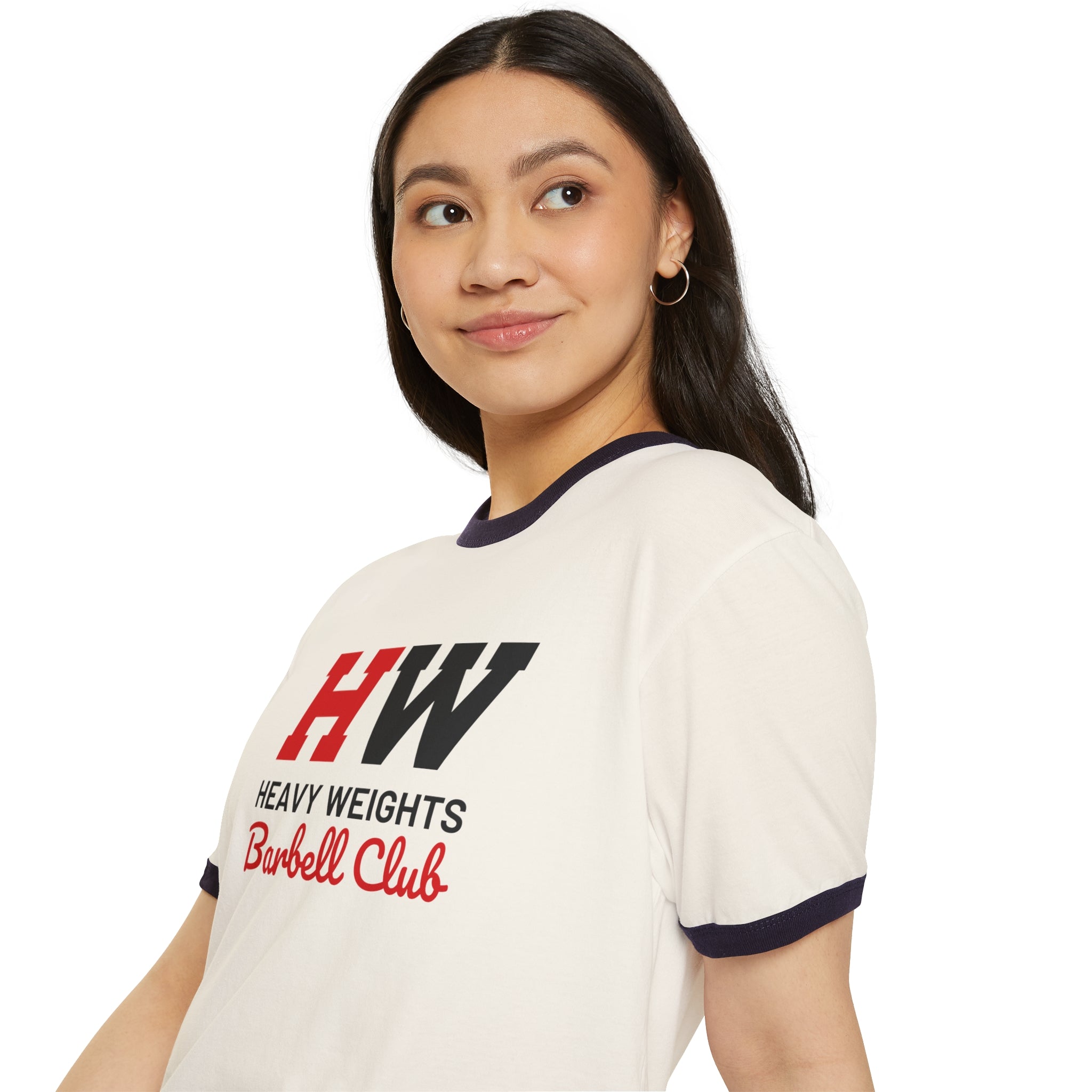 HW Barbell Club - Unisex Cotton Ringer T-Shirt - Black Classic Logo Front Plain Back