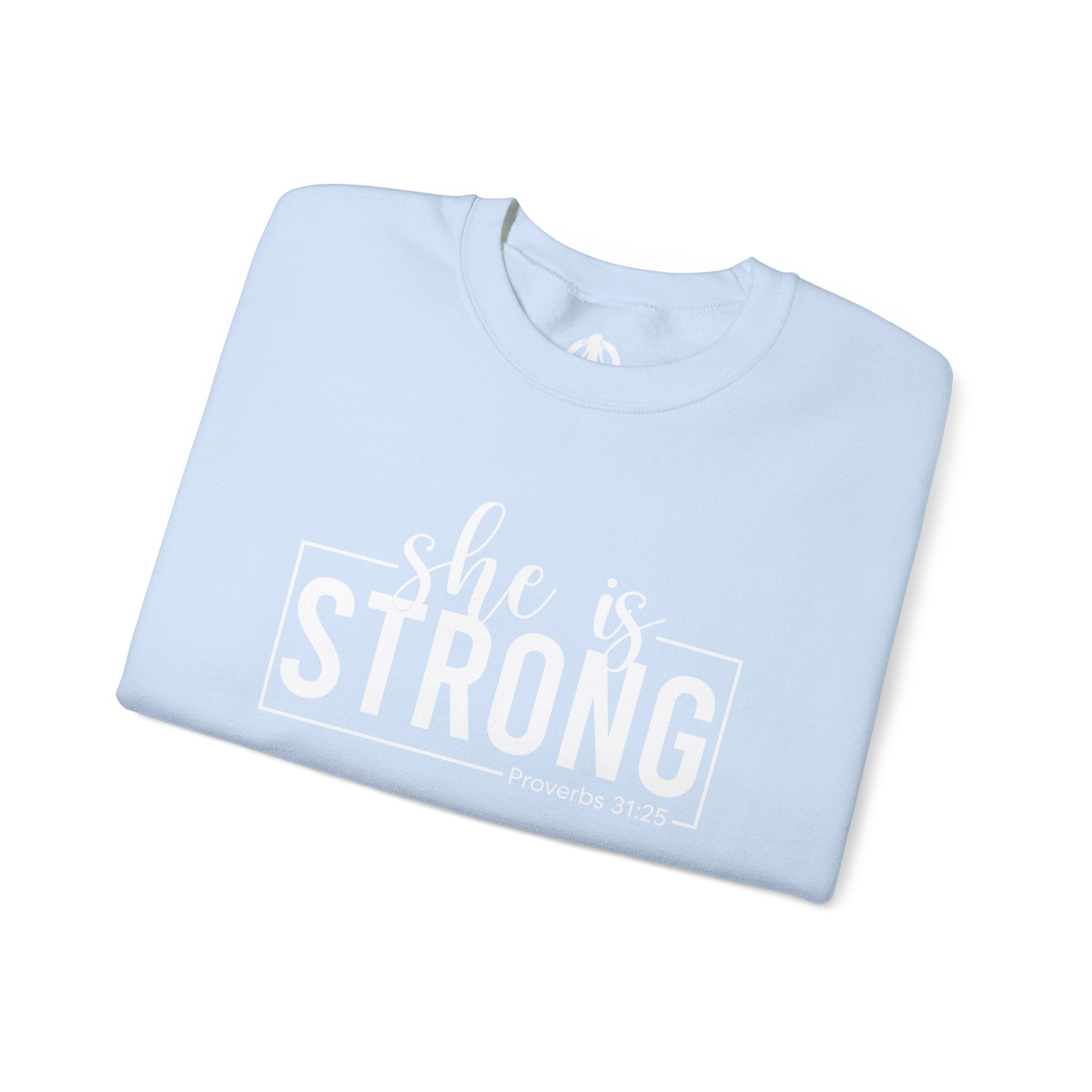 She is STRONG - Unisex Heavy Blend™ Crewneck Sweatshirt - Front White Logo - Plain Back