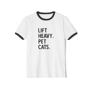 Lift Heavy Pet Cats - Unisex Cotton Ringer T-Shirt - Black Logo Front Plain Back