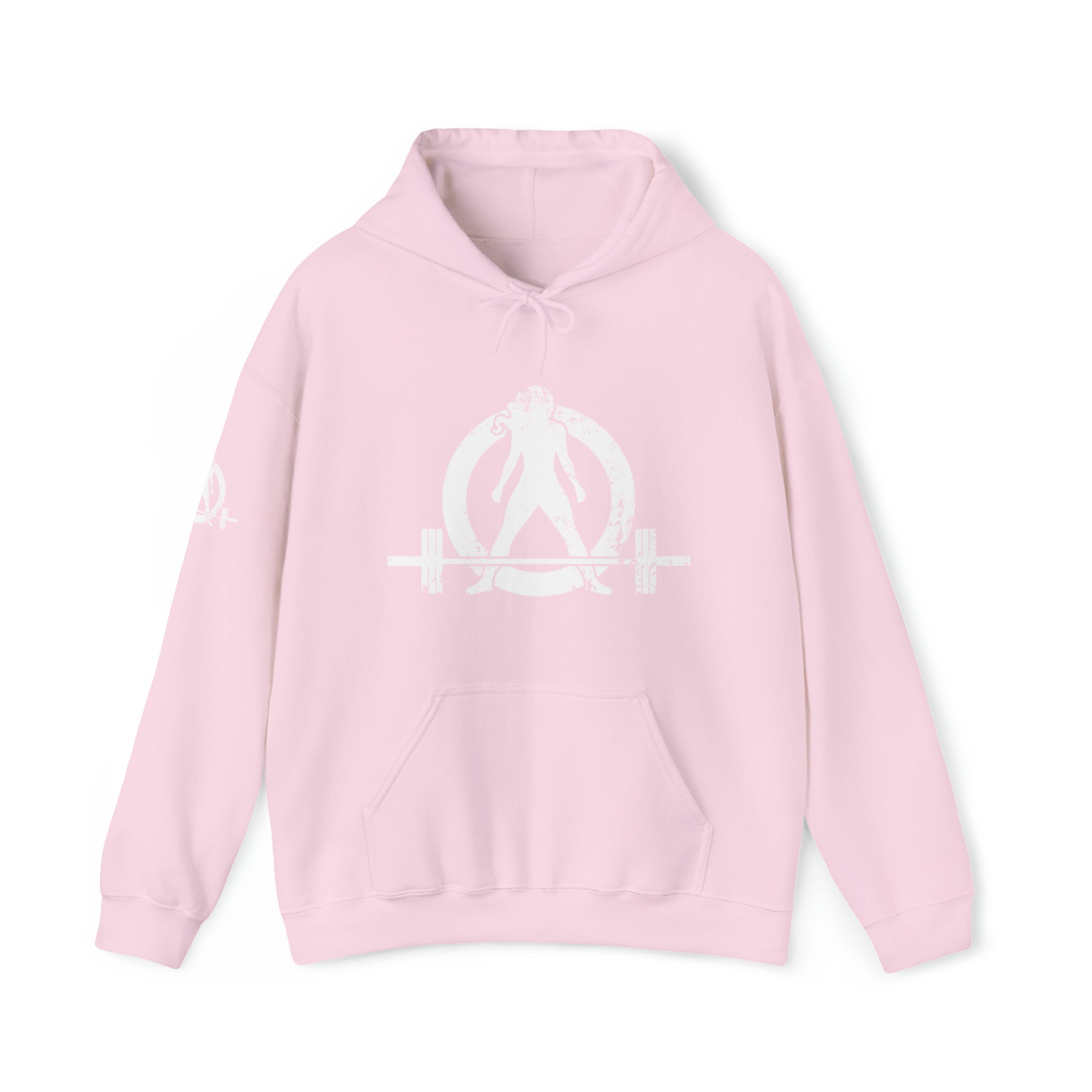 Squat Bench Deadlift Repeat - Unisex Heavy Blend Hooded Sweatshirt - Dark White Logo - Pink - SBDR on BACK