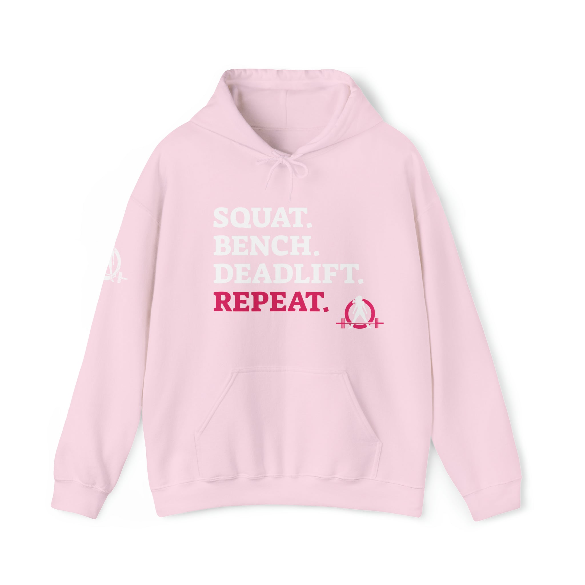 Squat Bench Deadlift Repeat - Unisex Heavy Blend Hooded Sweatshirt - Dark WWLW Logo - Pink - Plain Black