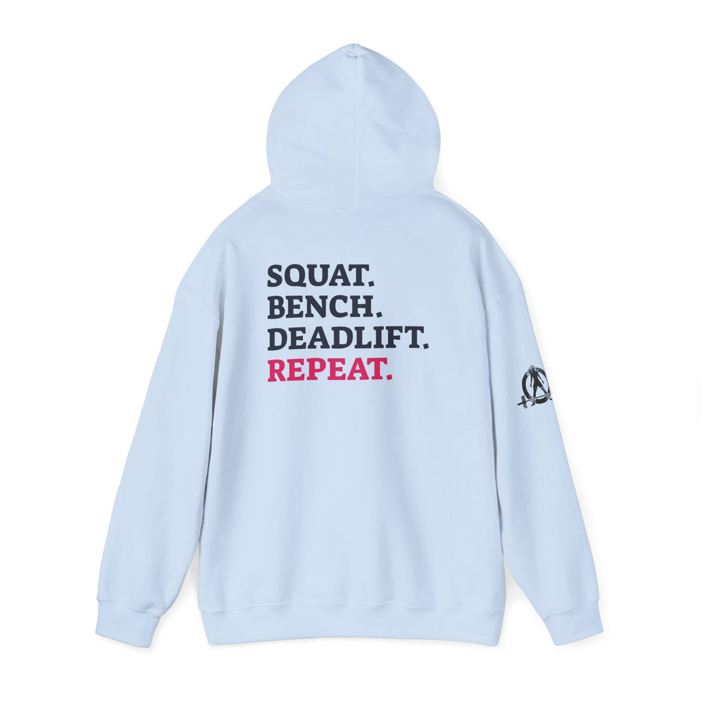 WWLW “Squat • Bench • Deadlift • Repeat” Hoodie - Black Logo Back