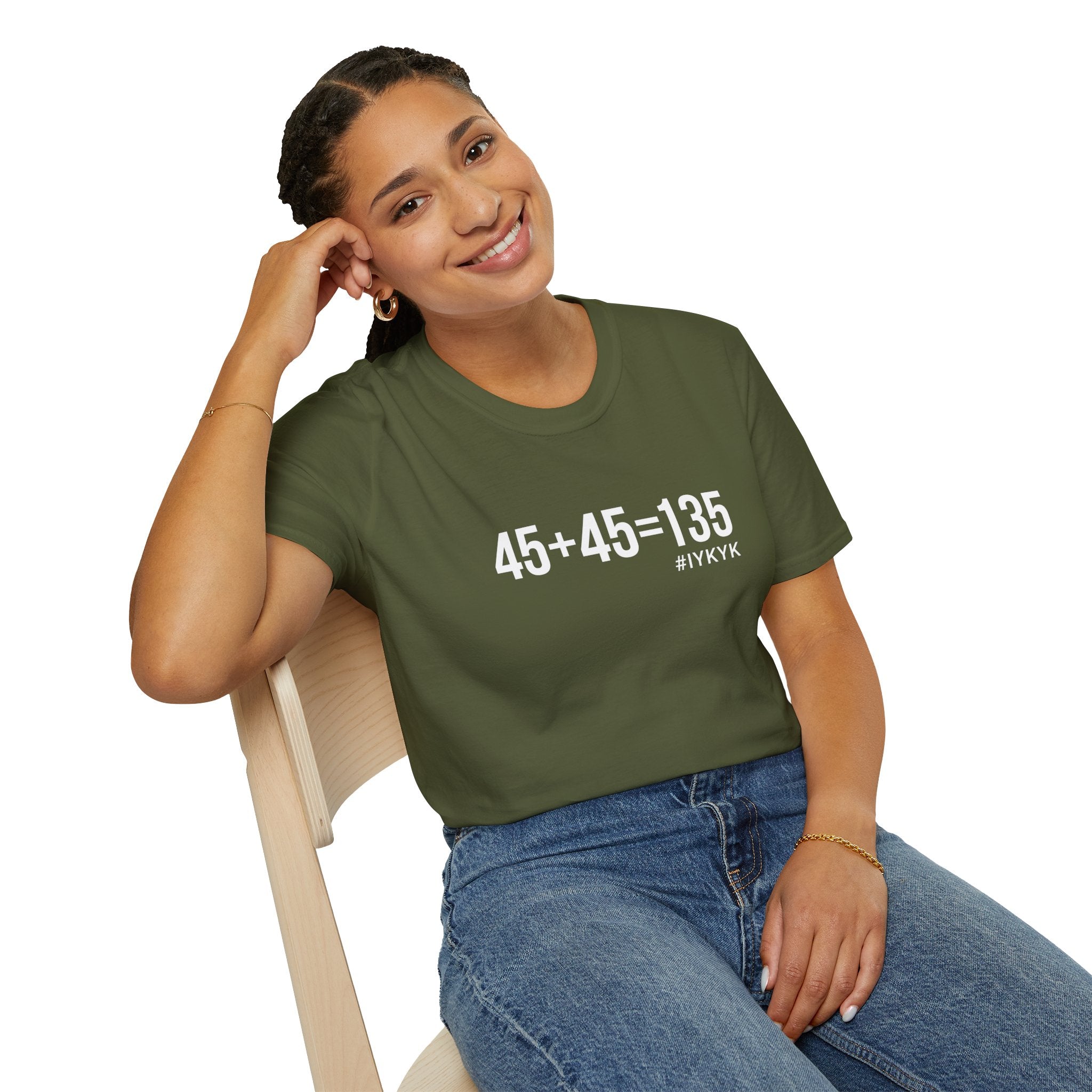 45 + 45 = 135  - Unisex Softstyle T-Shirt - Print on Front Plain Back