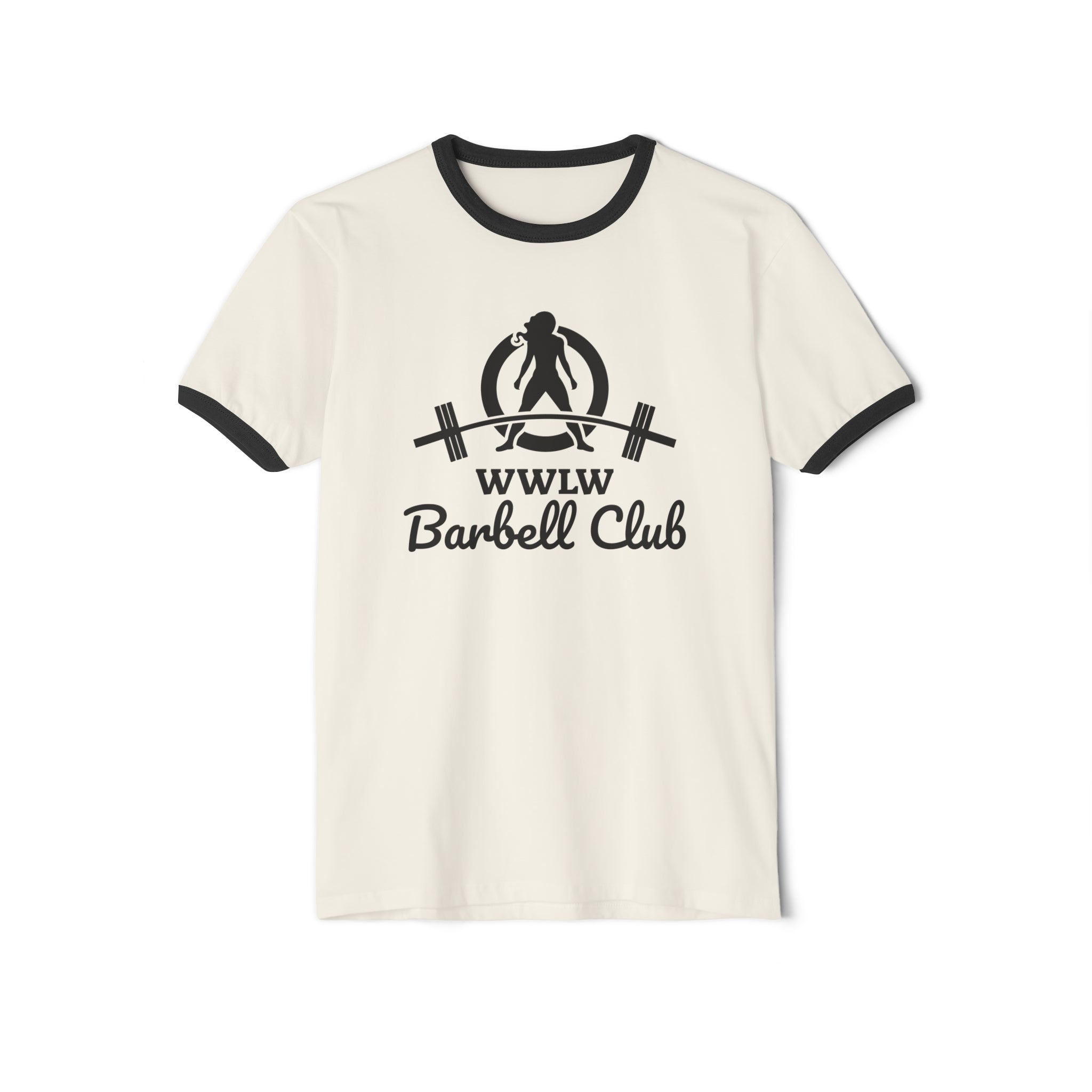 WWLW Barbell Club - Unisex Cotton Ringer T-Shirt - Black Logo Plain Back