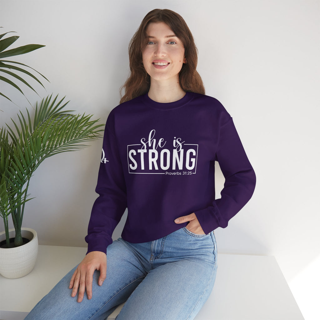 She is STRONG - Unisex Heavy Blend™ Crewneck Sweatshirt - Front White Logo - Plain Back
