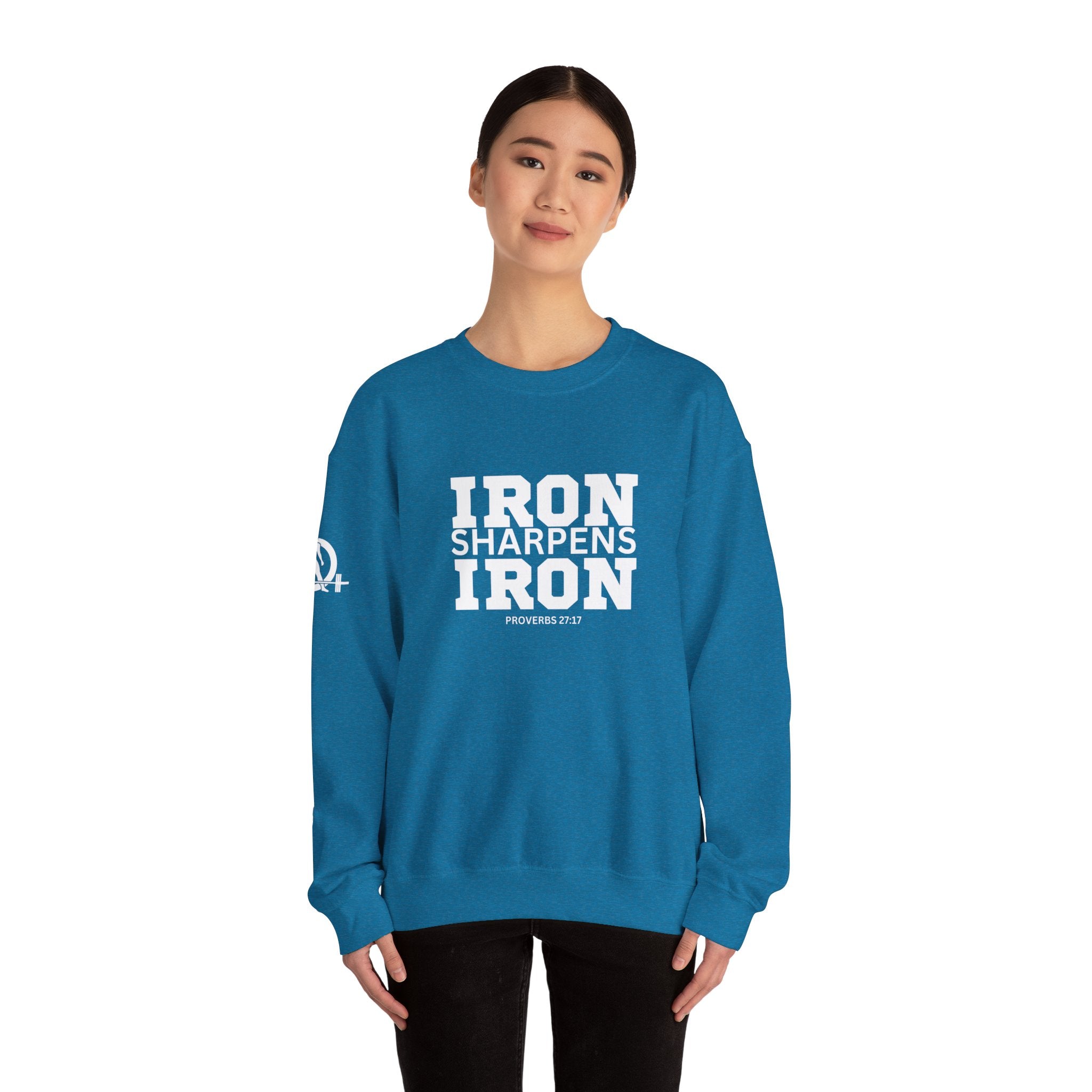 Iron Sharpens Iron - Unisex Heavy Blend™ Crewneck Sweatshirt - Front White Logo - Plain Back