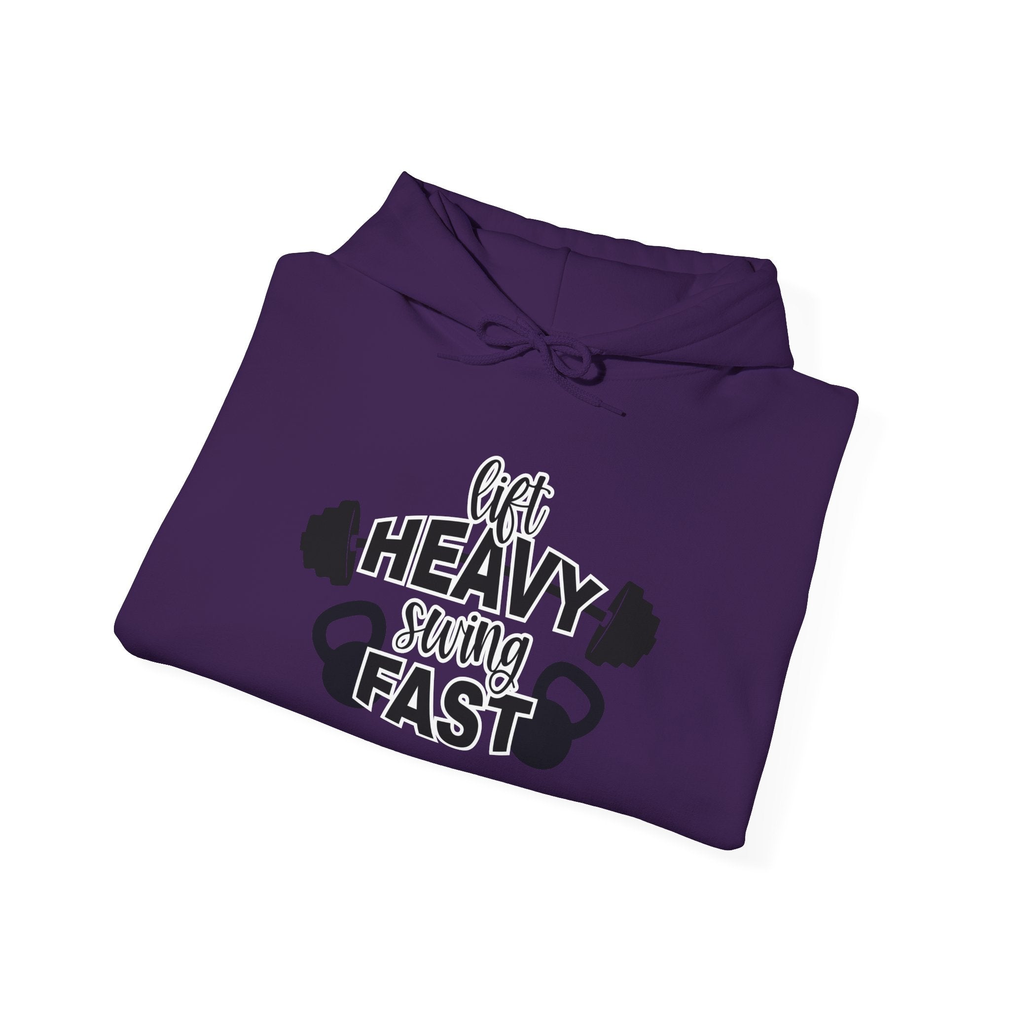 Lift Heavy Swing Fast - Unisex Heavy Blend Hooded Sweatshirt - Black Logo - Right Shoulder - Plain Back