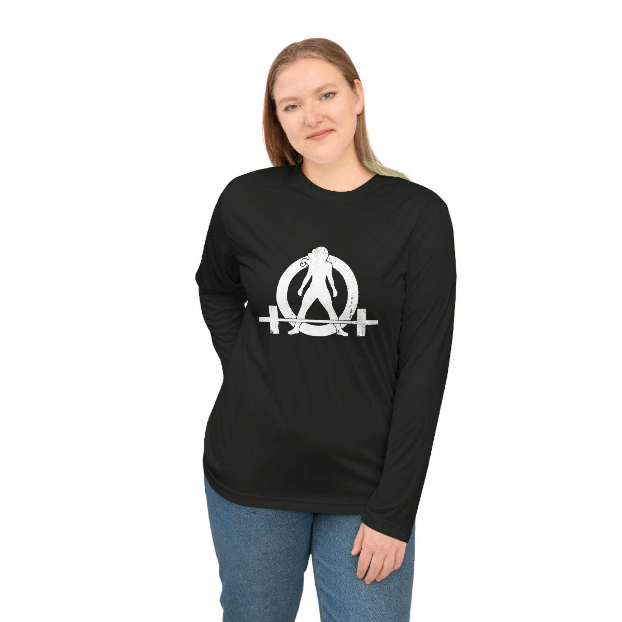 COFFEE and a Barbell - Unisex Performance Long Sleeve Shirt - Distressed White Logo