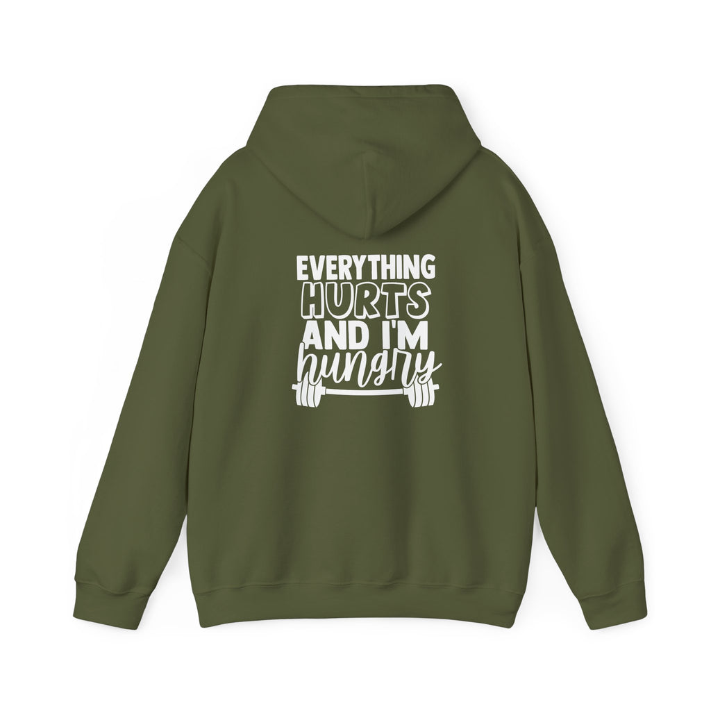 Everything Hurts & I'm Hungry  - Unisex Heavy Blend Hooded Sweatshirt  - White Print Front & Back