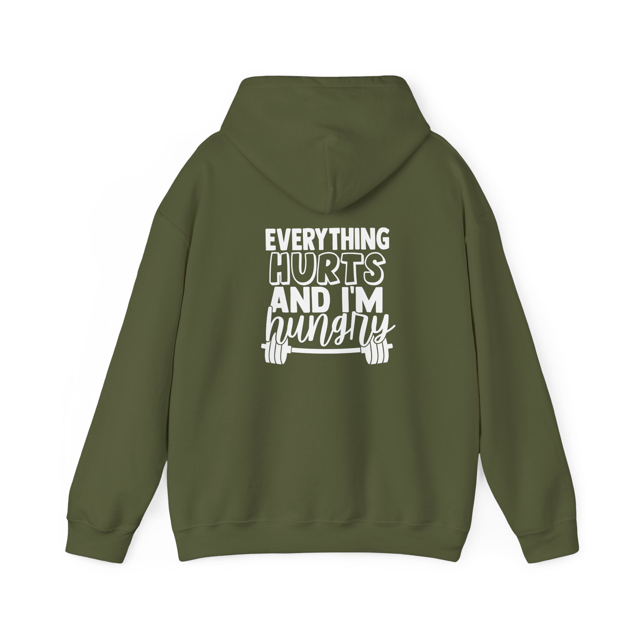 Everything Hurts & I'm Hungry  - Unisex Heavy Blend Hooded Sweatshirt  - White Print Front & Back