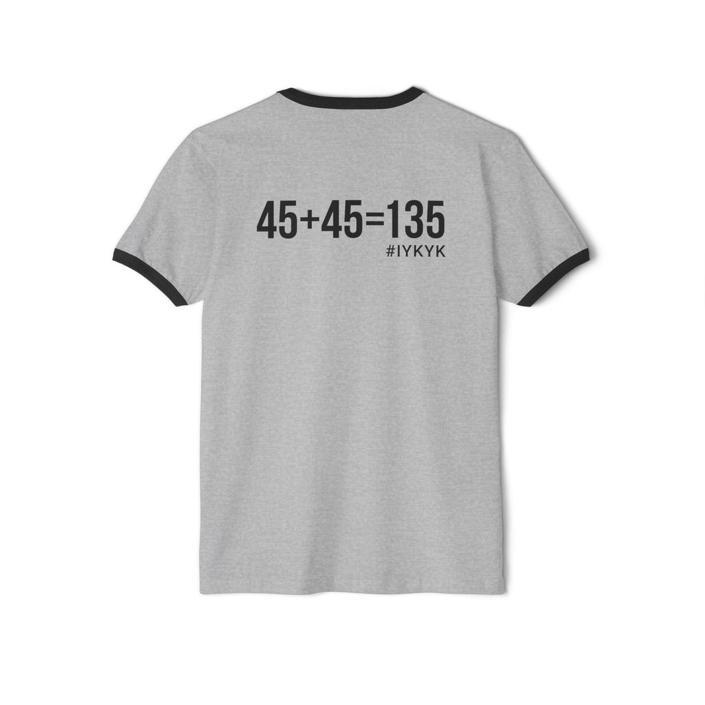 45 + 45 - Unisex Cotton Ringer T-Shirt - Black Logo Front & Back
