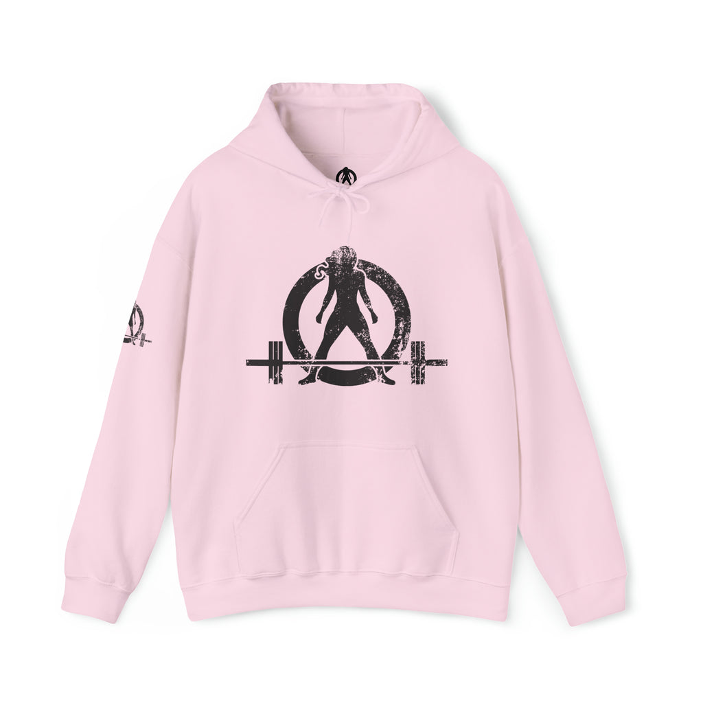 Squat Bench Deadlift Repeat - Unisex Heavy Blend Hooded Sweatshirt - Dark Black Logo - Pink - SBDR on BACK