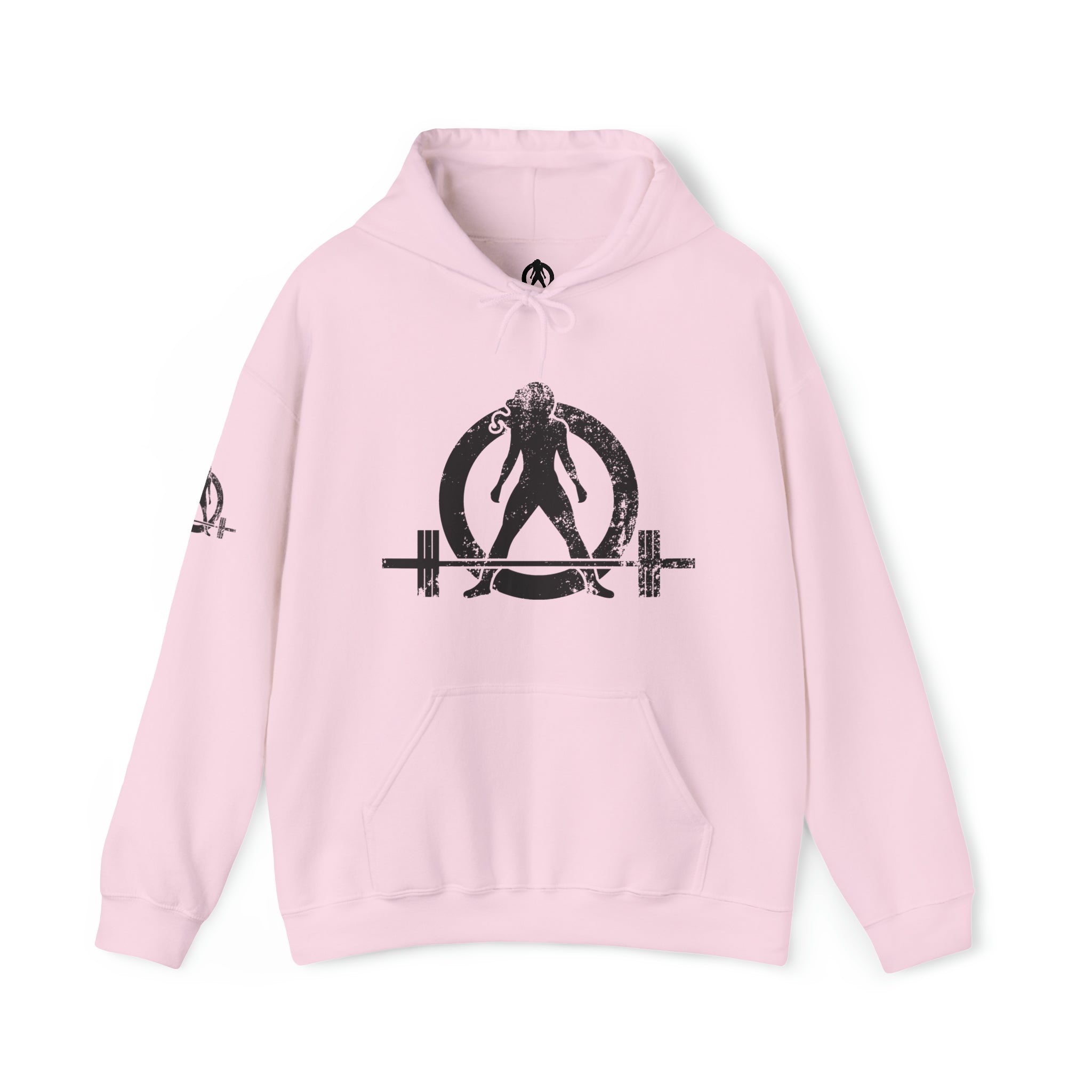 Squat Bench Deadlift Repeat - Unisex Heavy Blend Hooded Sweatshirt - Dark Black Logo - Pink - SBDR on BACK