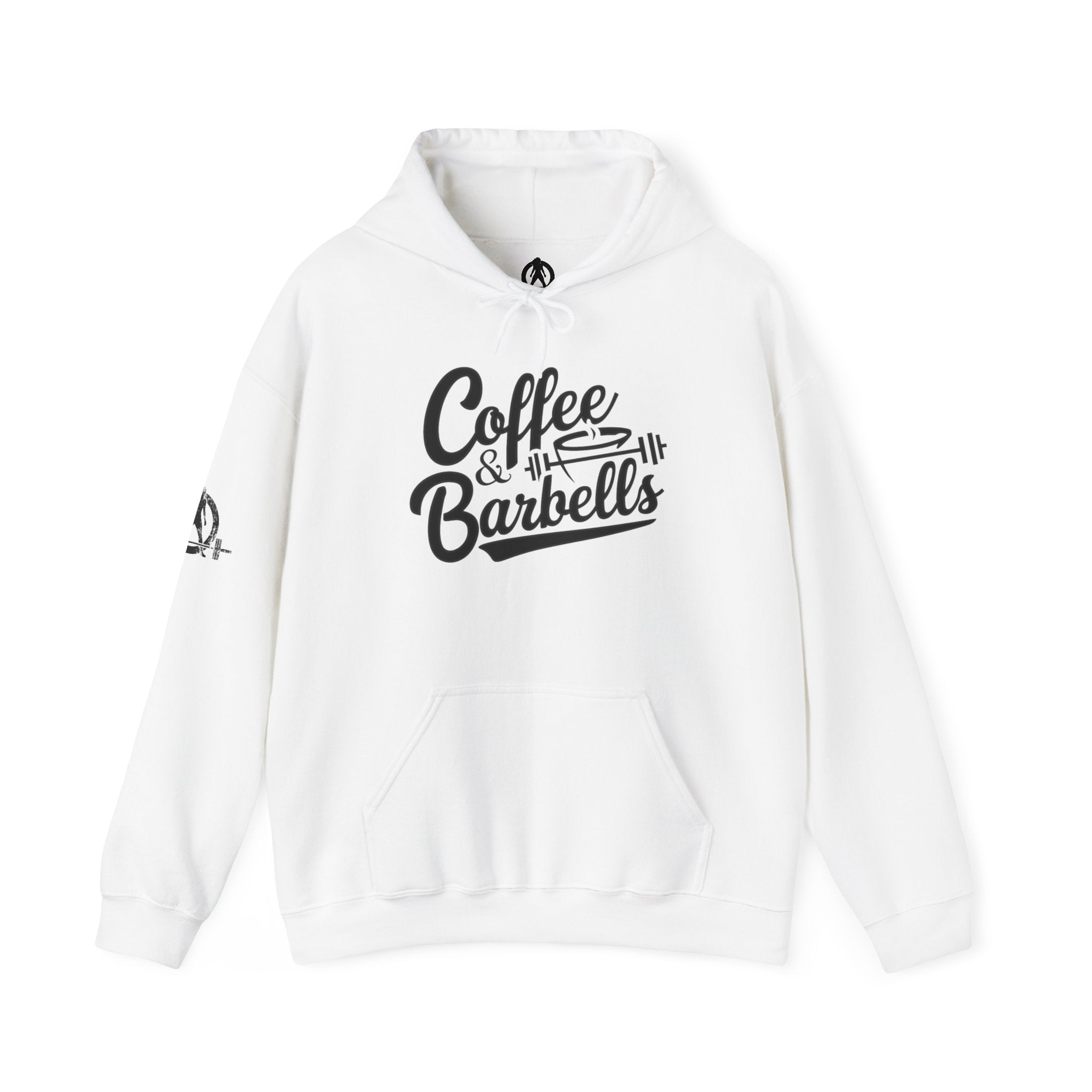Coffee & Barbells  - Unisex Heavy Blend Hooded Sweatshirt - Black Logo on Front & Right Sleeve