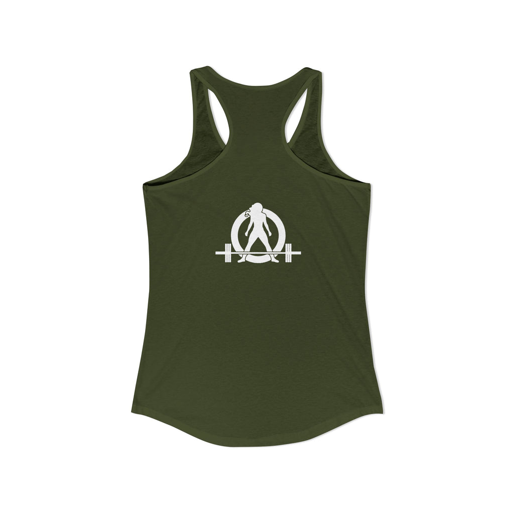 ALL I NEED IS COFFF & a Barbell - Women's Ideal Racerback Tank - White Logo Front & Back