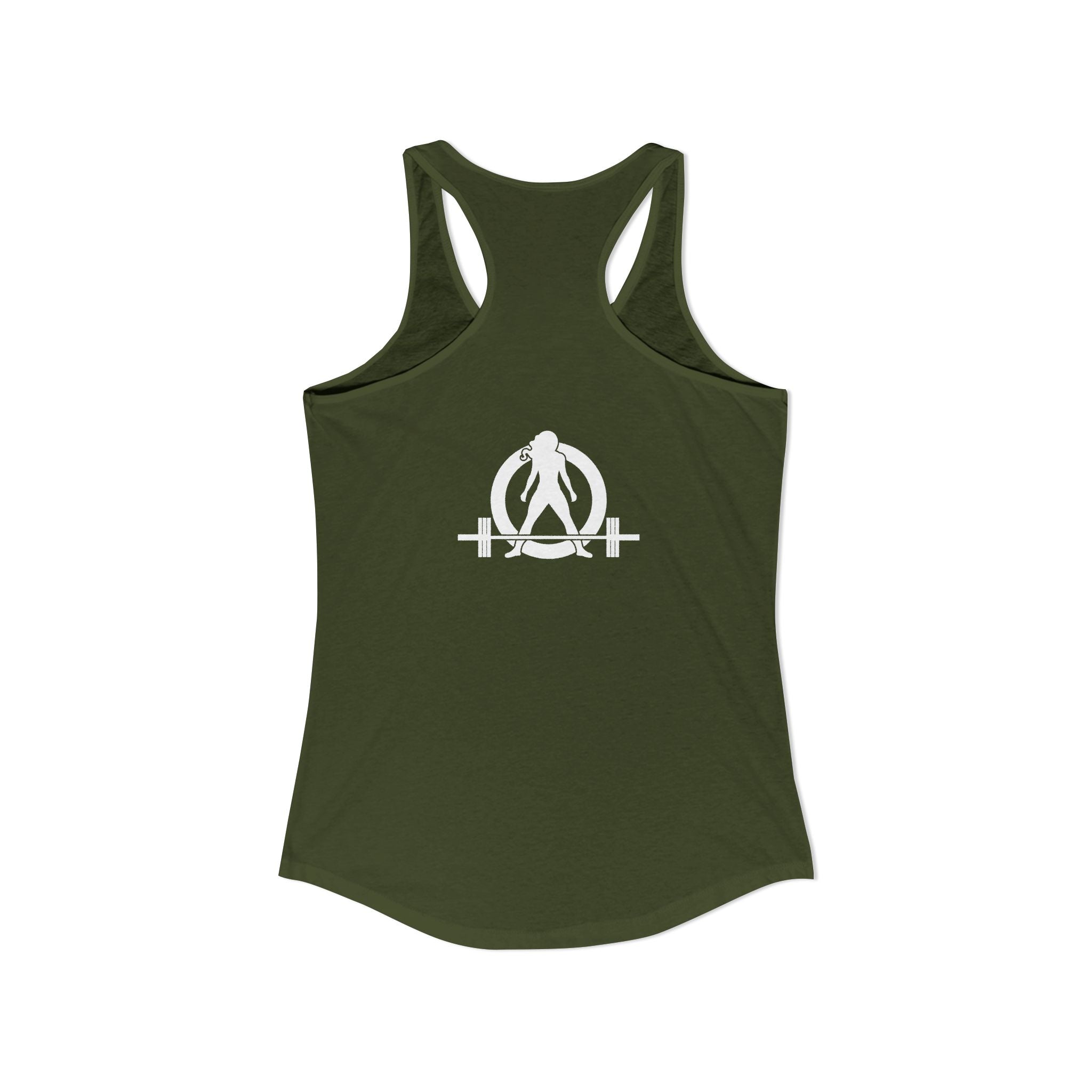 ALL I NEED IS COFFF & a Barbell - Women's Ideal Racerback Tank - White Logo Front & Back