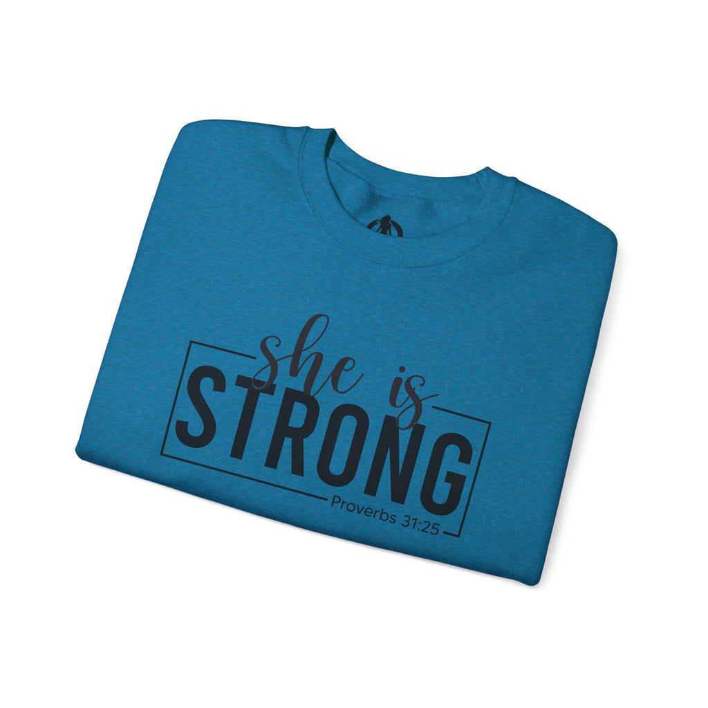She is STRONG - Unisex Heavy Blend™ Crewneck Sweatshirt - Front Black Logo - Plain Back