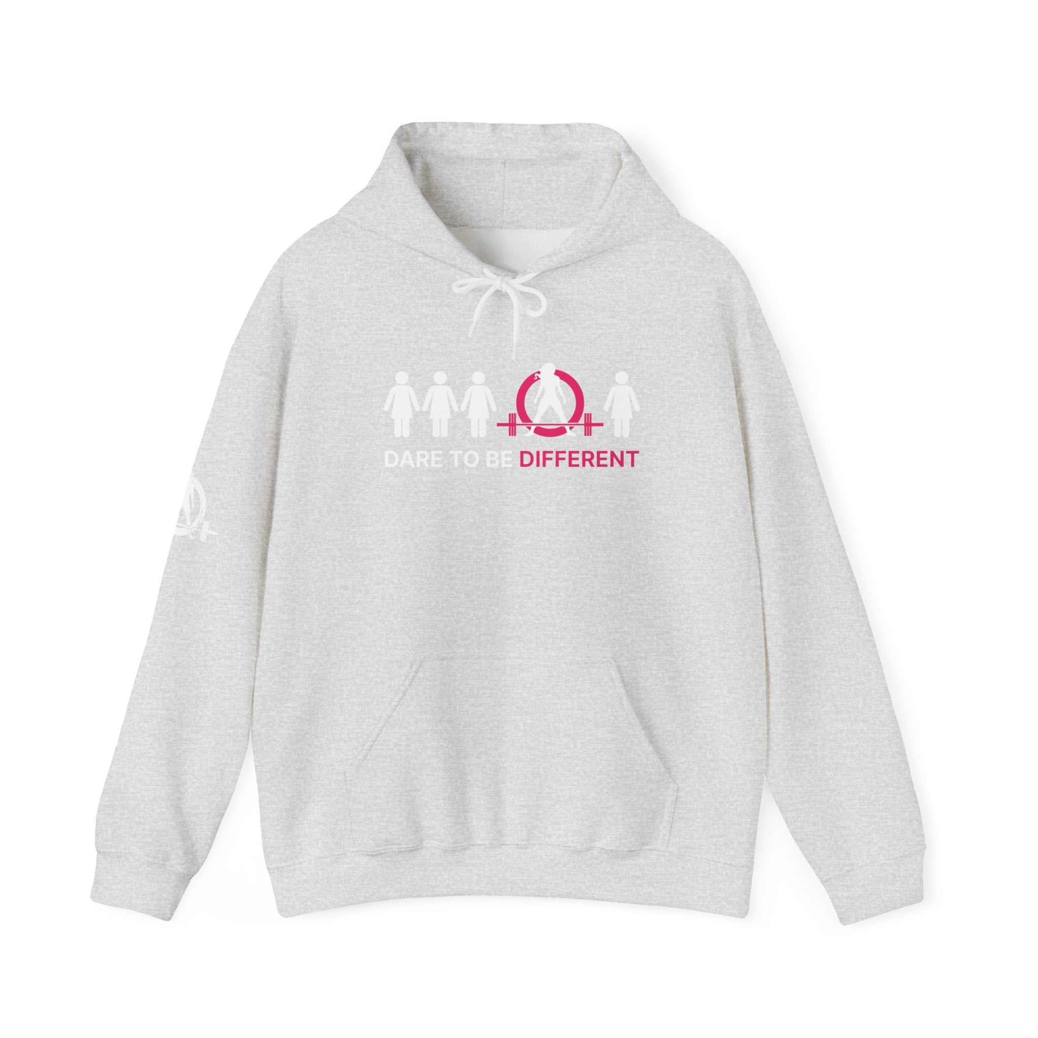 Dare To Be Different - Deadlift - Unisex Heavy Blend Hooded Sweatshirt - White Print on Front & Arm