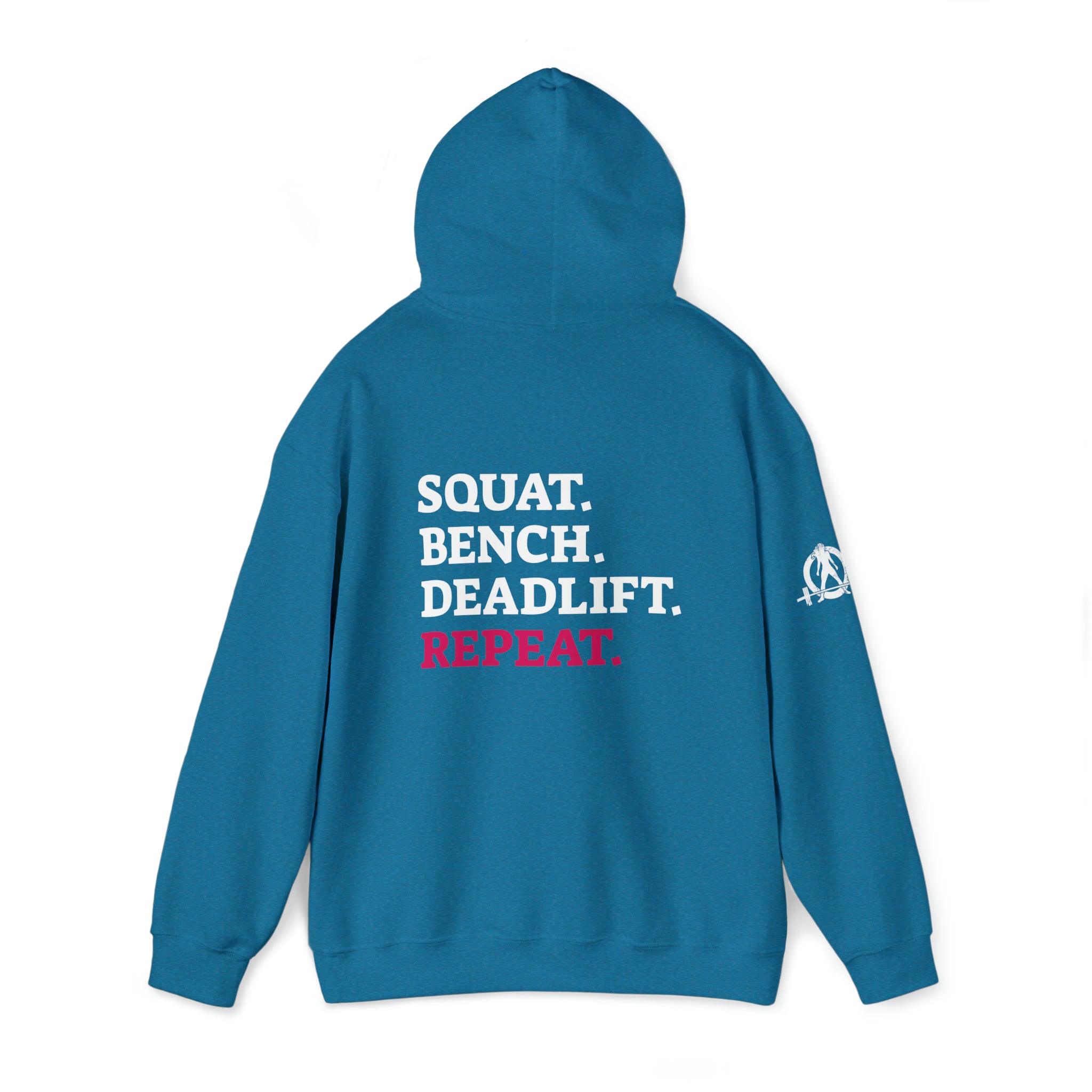 Squat Bench Deadlift Repeat - Unisex Heavy Blend Hooded Sweatshirt - Dark White Logo - Pink - SBDR on BACK