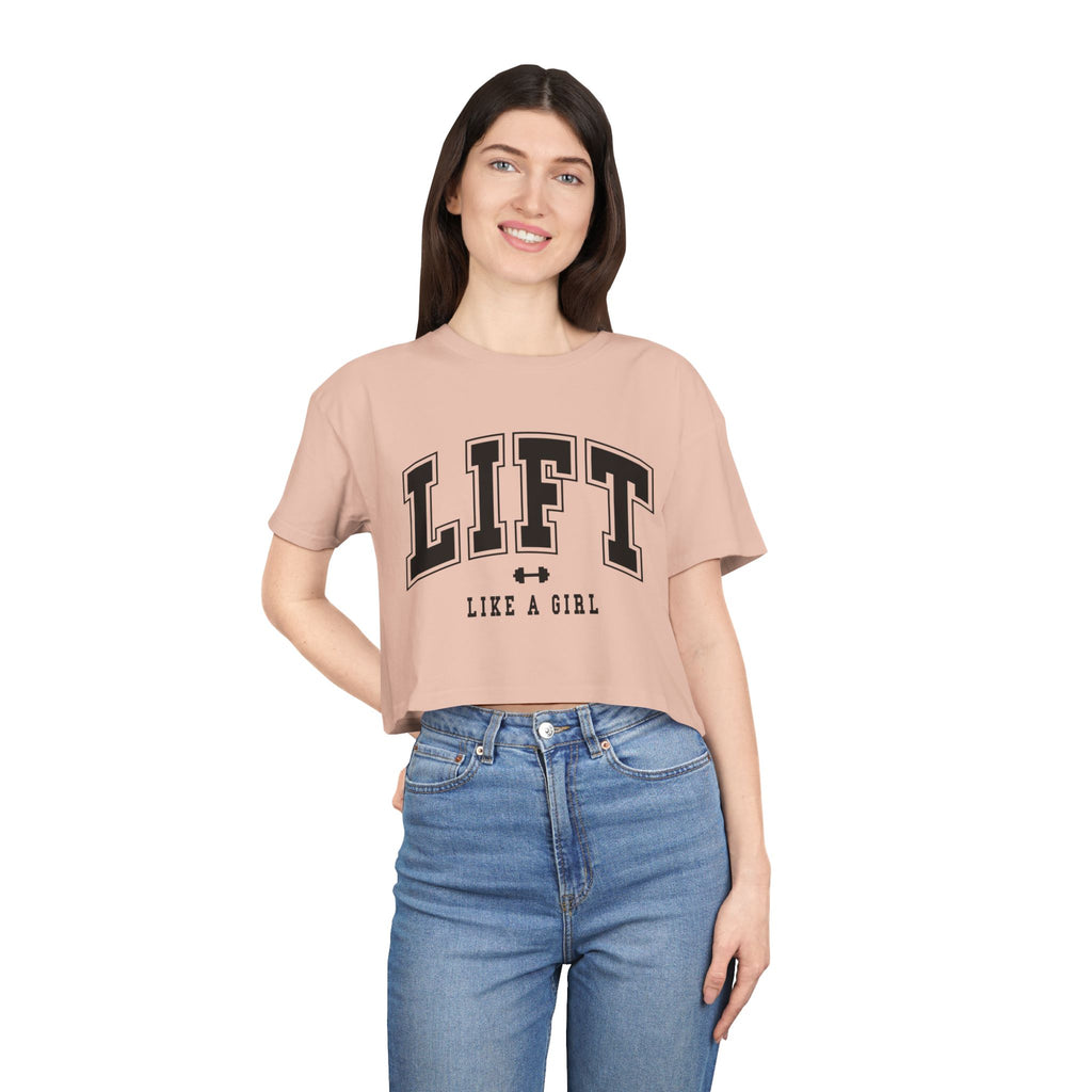 Lift Like A Girl - Women's Crop Tee - Pale Pink - Front Black Logo