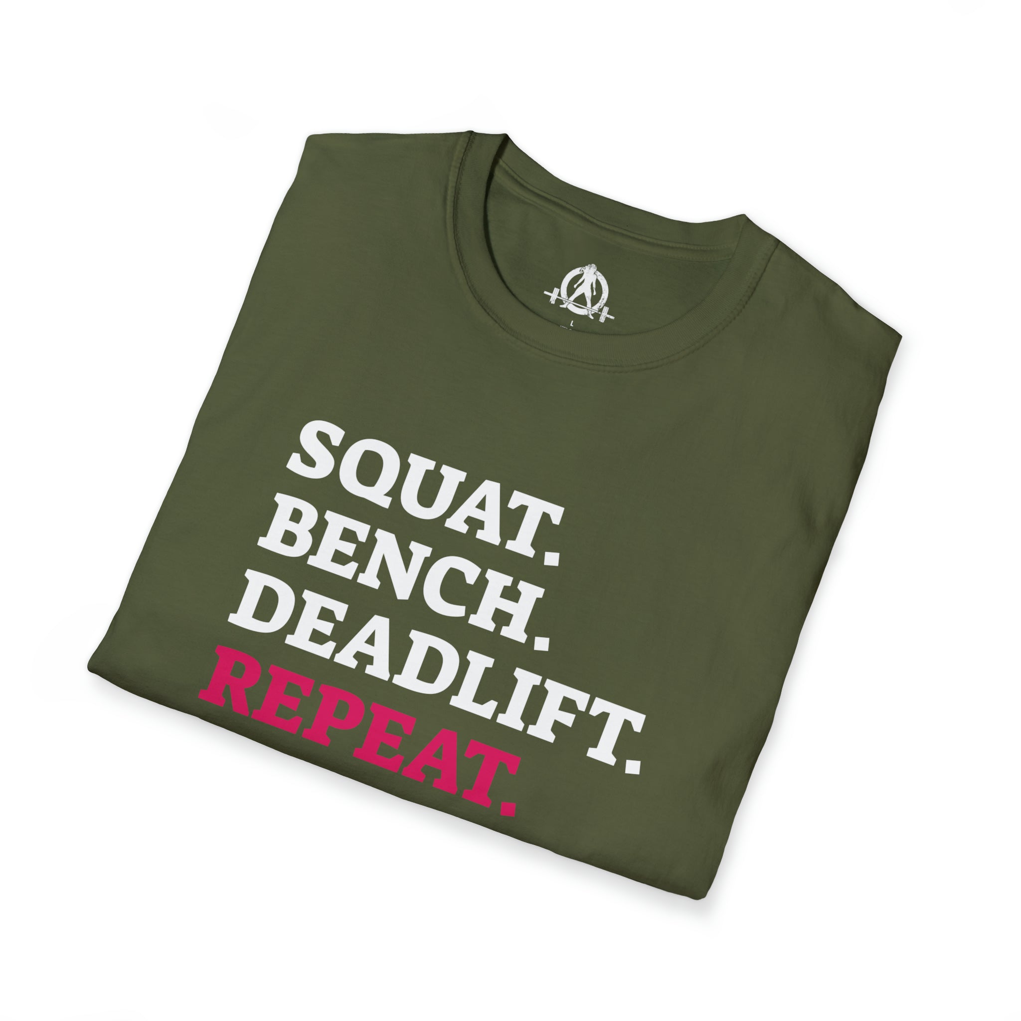 Squat Bench Deadlift Repeat - Unisex Softstyle T-Shirt - Black & Pink - Plain Back