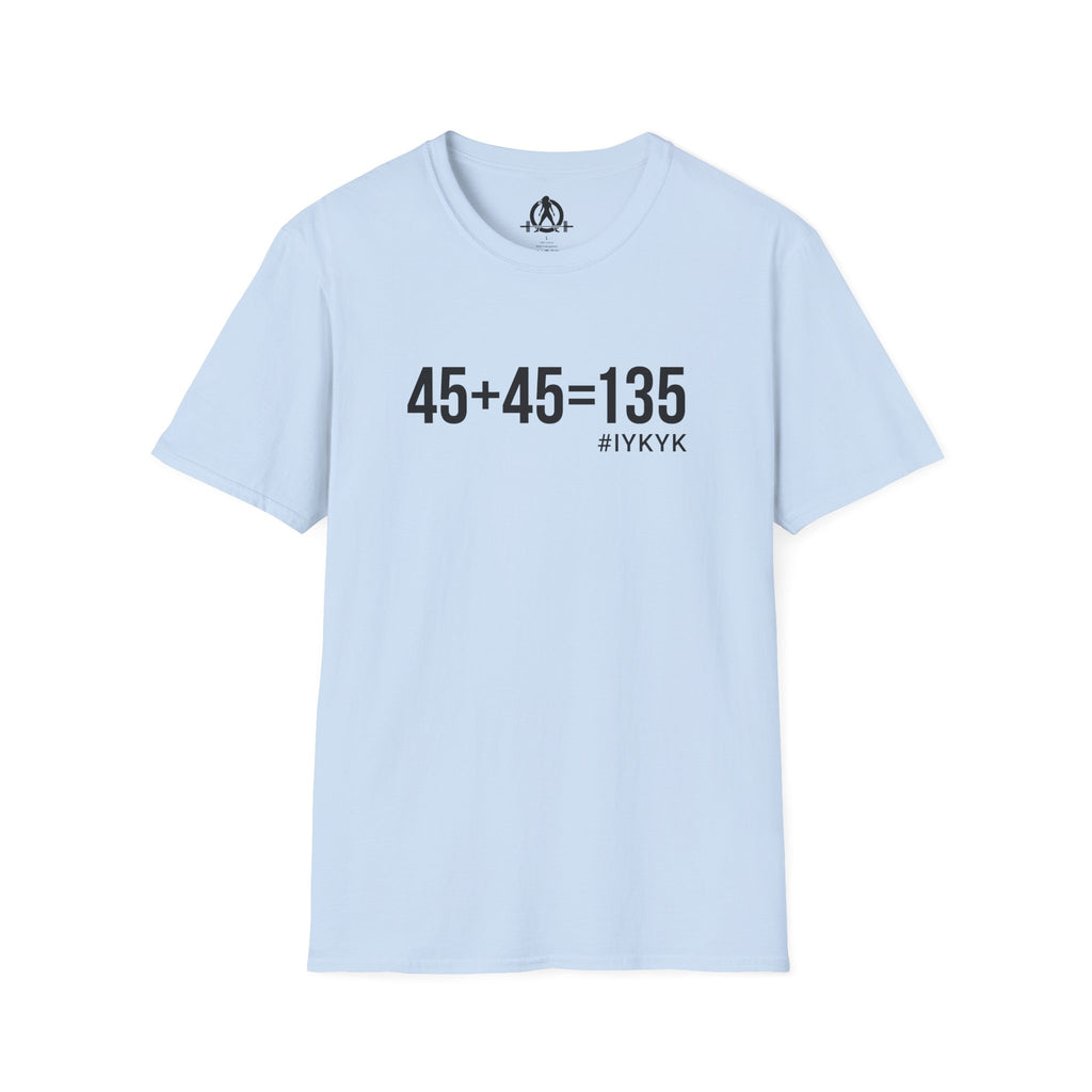 45 + 45 = 135 - Unisex Softstyle T-Shirt - Black Print on Front Plain Back