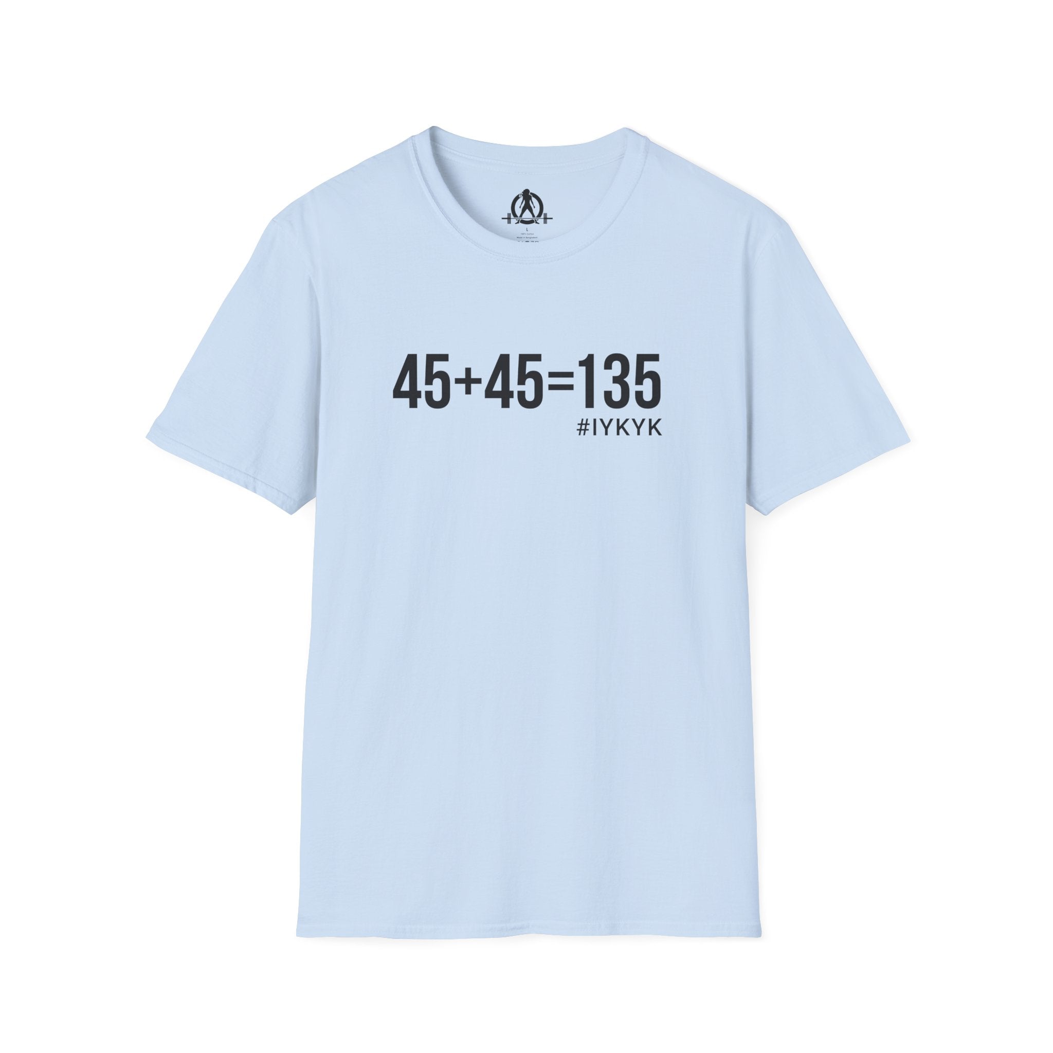 45 + 45 = 135 - Unisex Softstyle T-Shirt - Black Print on Front Plain Back