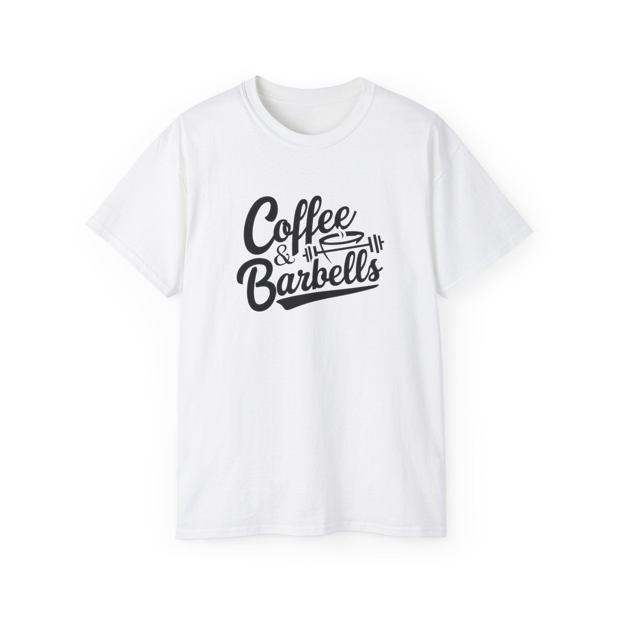 Coffee & Barbells - Unisex Ultra Cotton Tee - Front Black Logo - Plain Back