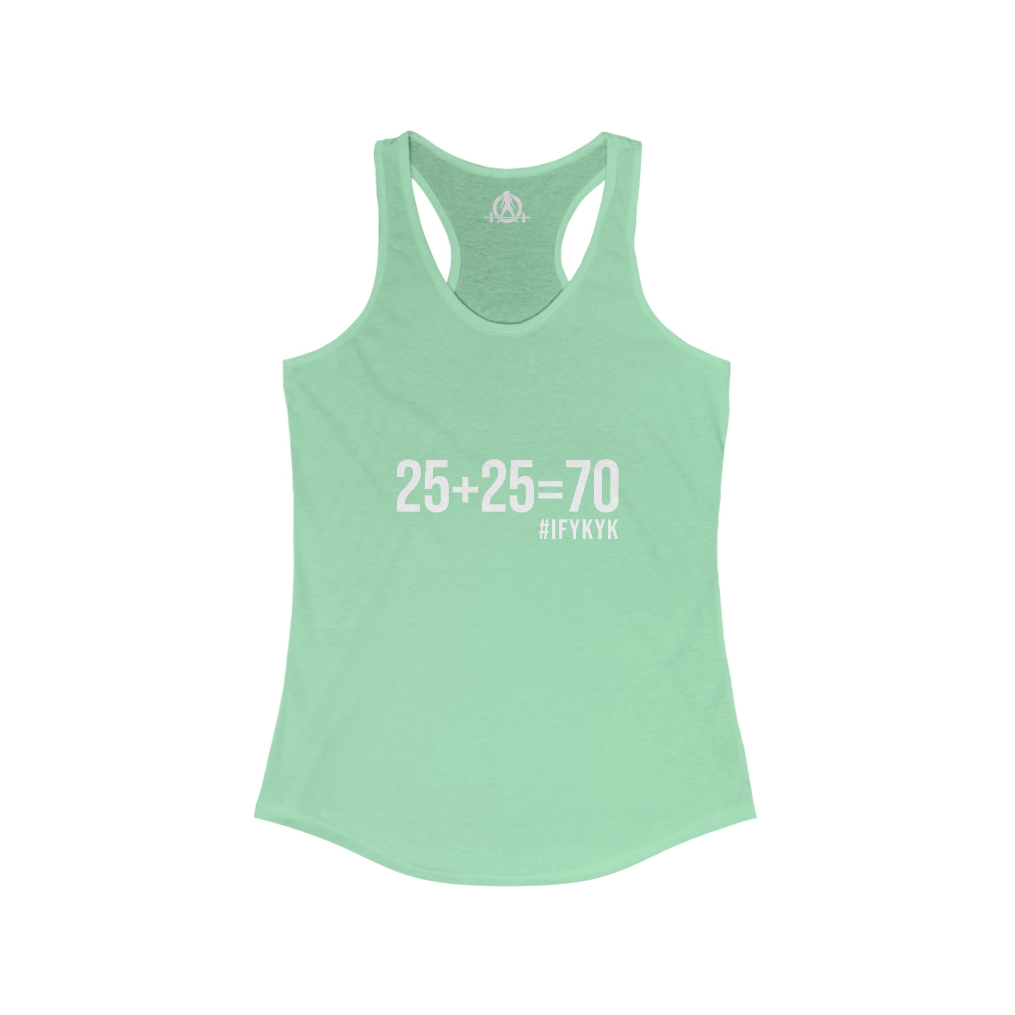 25 + 25 = 70 Women's Ideal Racerback Tank - White Print Front Plain Back
