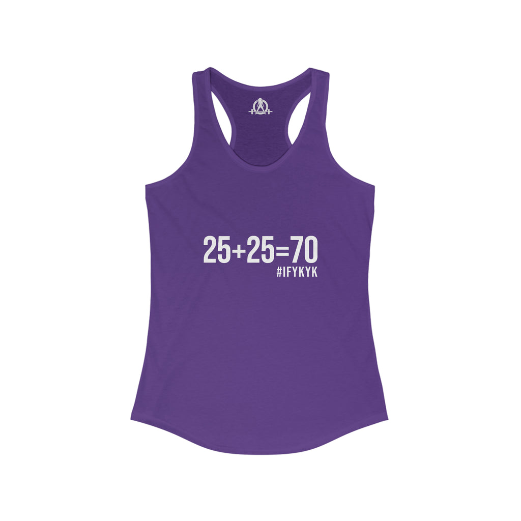 25 + 25 = 70 Women's Ideal Racerback Tank - White Print Front Plain Back