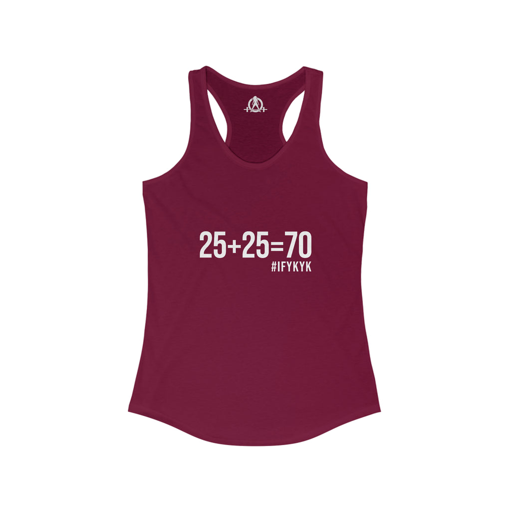 25 + 25 = 70 Women's Ideal Racerback Tank - White Print Front Plain Back
