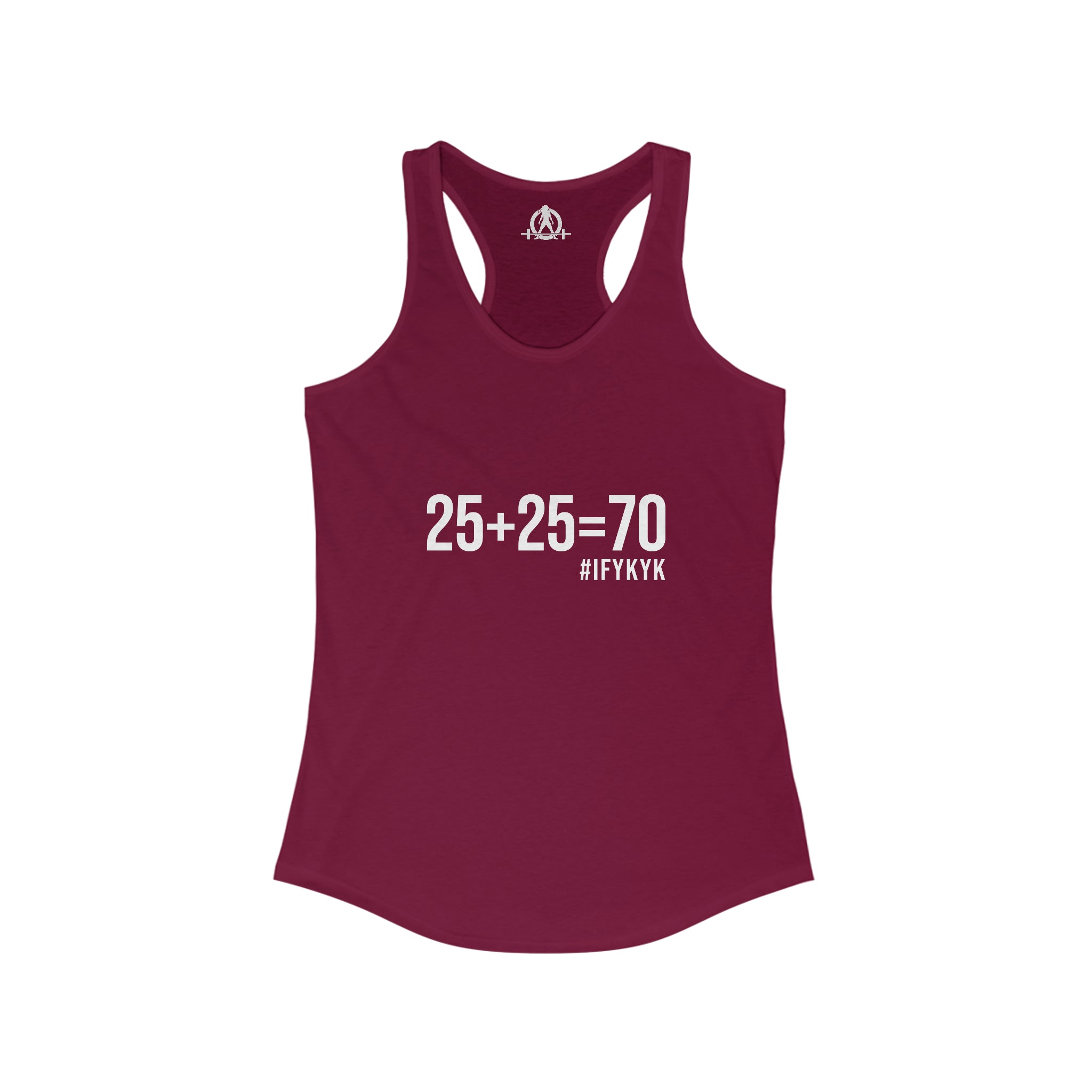 25 + 25 = 70 Women's Ideal Racerback Tank - White Print Front Plain Back