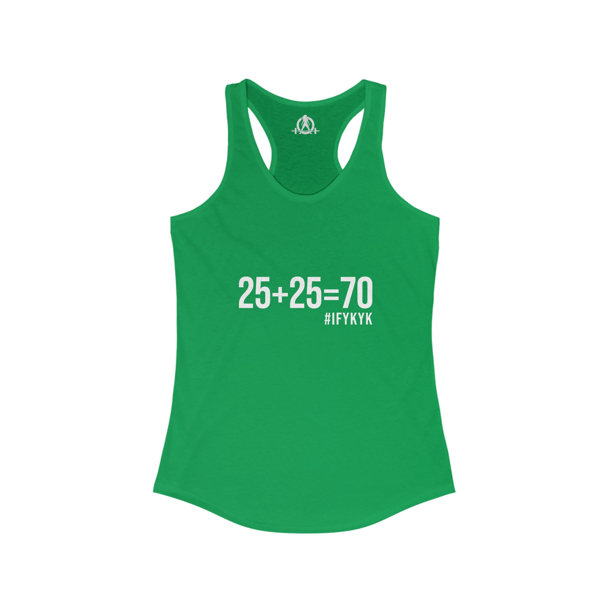 25 + 25 = 70 Women's Ideal Racerback Tank - White Print Front Plain Back