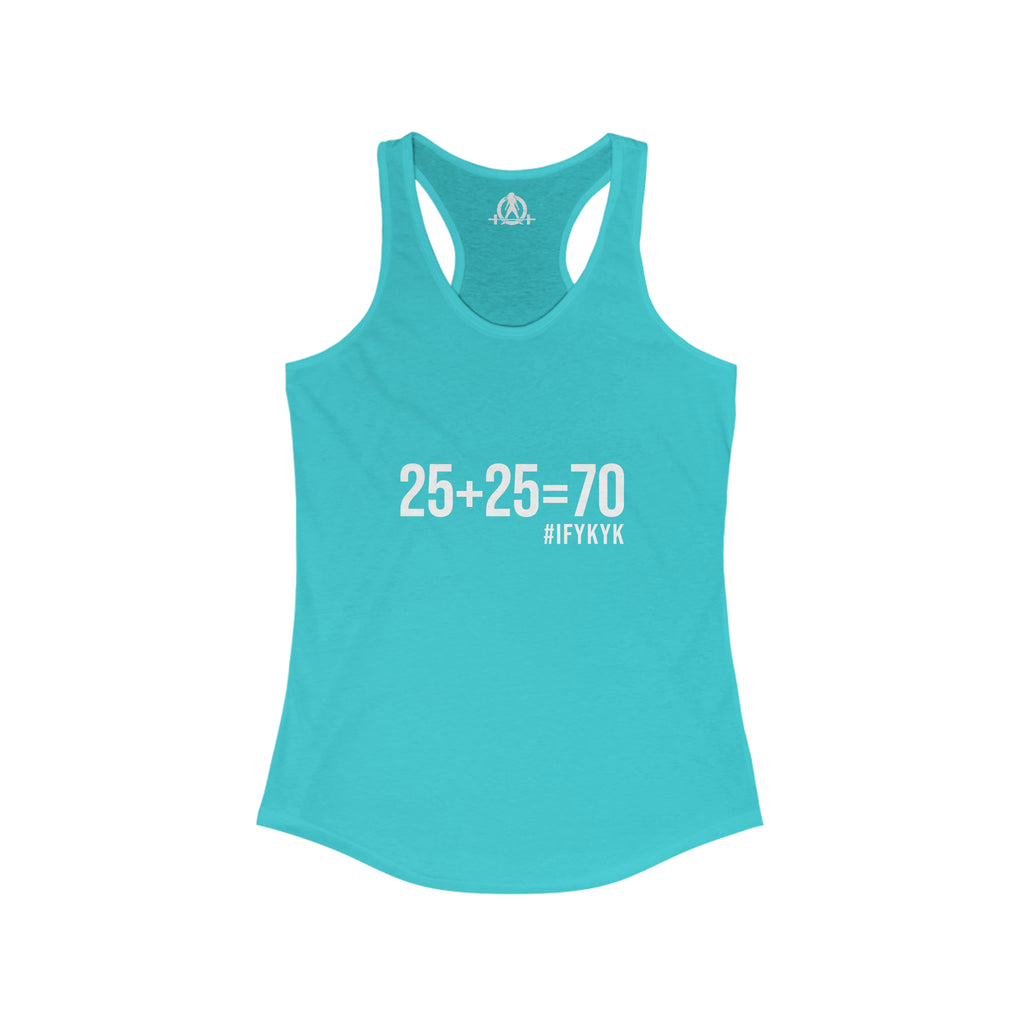 25 + 25 = 70 Women's Ideal Racerback Tank - White Print Front Plain Back