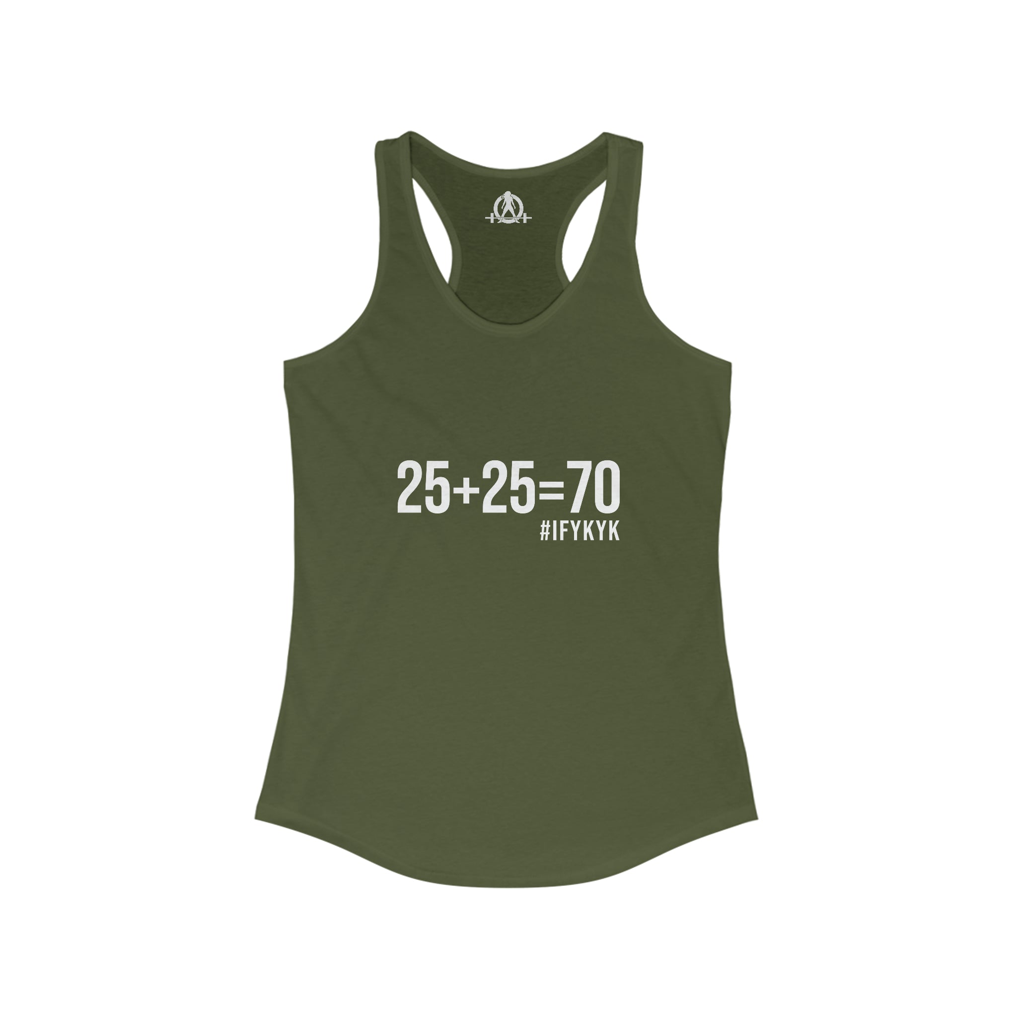 25 + 25 = 70 Women's Ideal Racerback Tank - White Print Front Plain Back