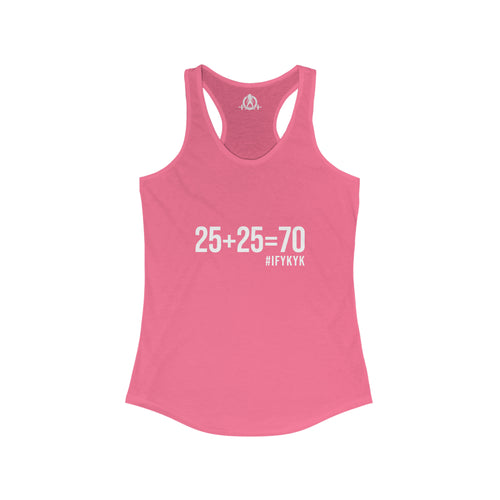 25 + 25 = 70 Women's Ideal Racerback Tank - White Print Front Plain Back