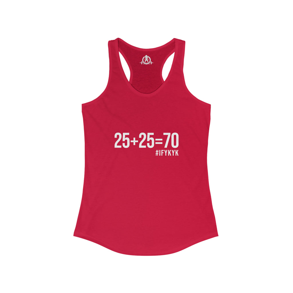 25 + 25 = 70 Women's Ideal Racerback Tank - White Print Front Plain Back