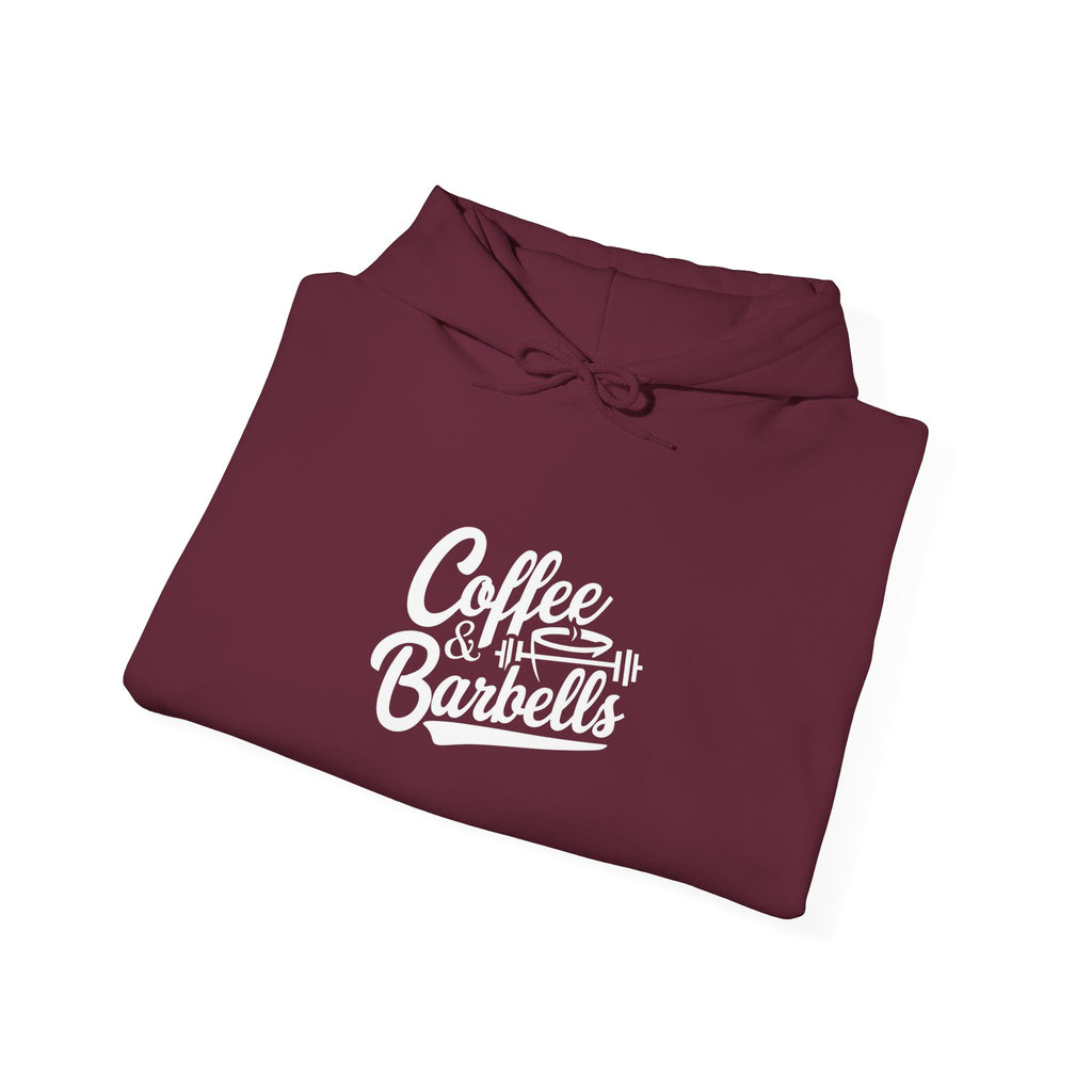Coffee & Barbells - Unisex Heavy Blend Hooded Sweatshirt - White Logo on Front & Right Sleeve