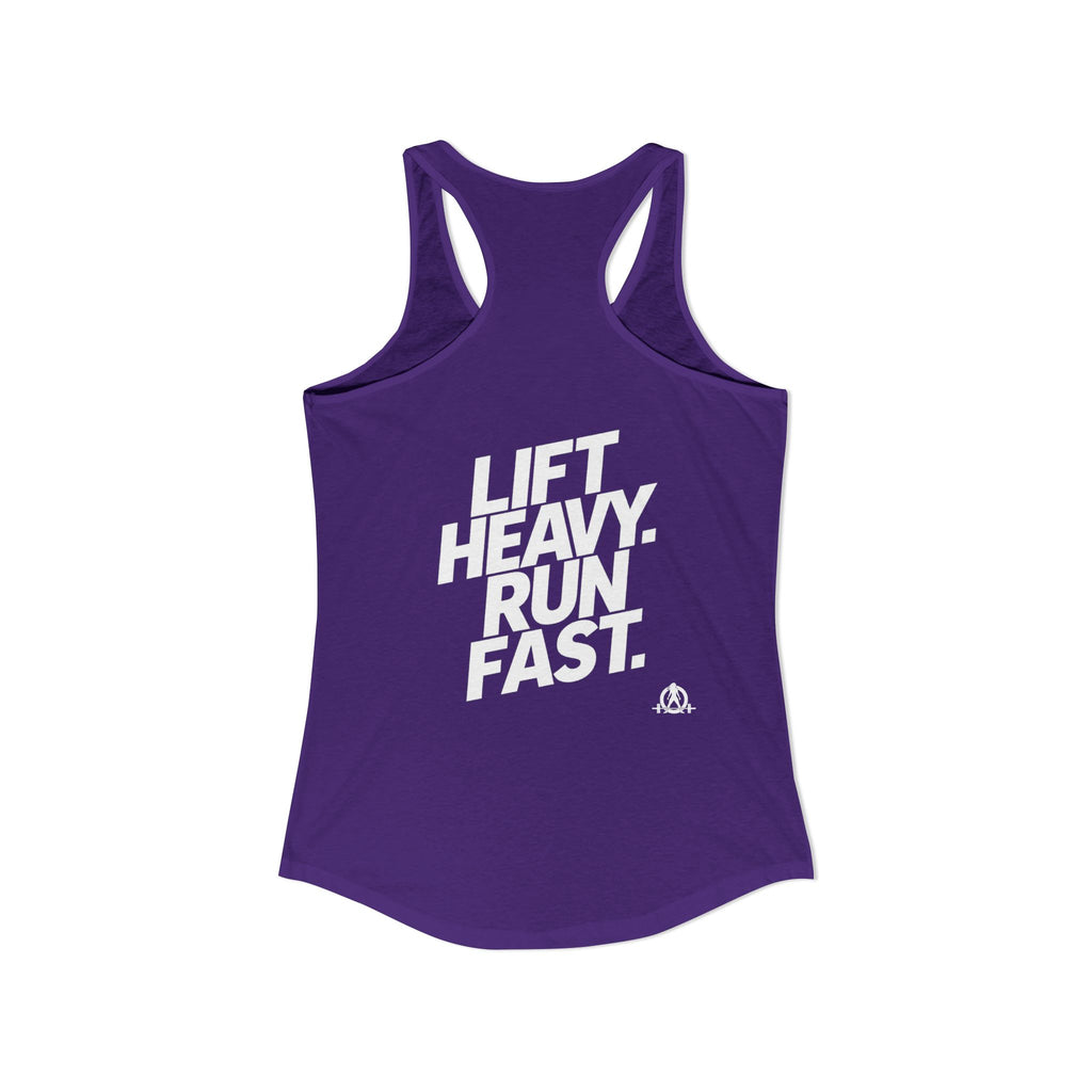 Lift Heavy - Run Fast - Racer Back Tank Top - Women's Ideal Racerback Tank (White Front & Back Logo)