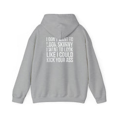 I DON’T WANT TO LOOK SKINNY – Unisex Heavy Blend™ Hooded Sweatshirt (Black Distressed Logo) 🖤💪🔥