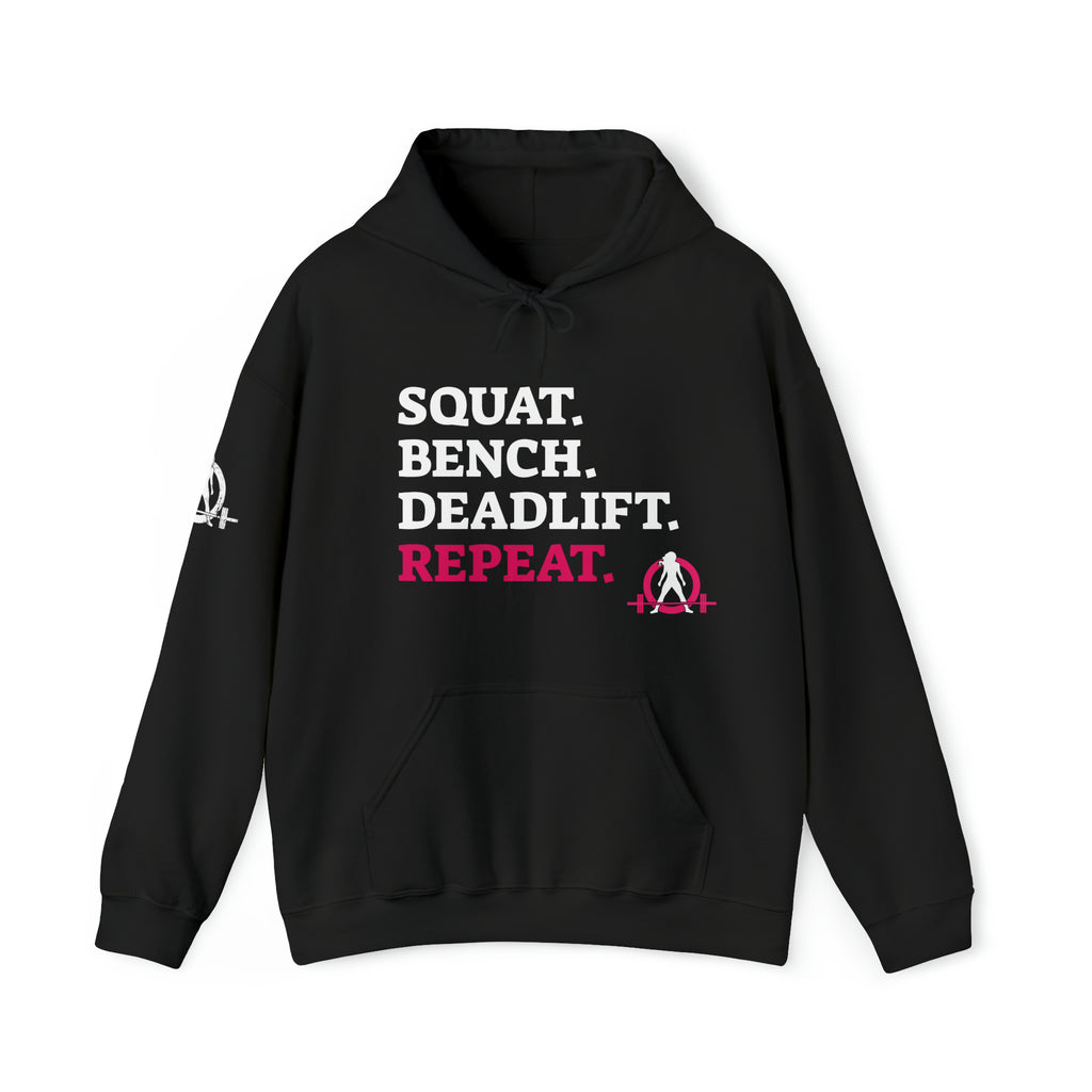 Squat Bench Deadlift Repeat - Unisex Heavy Blend Hooded Sweatshirt - Dark WWLW Logo - Pink - Plain Black
