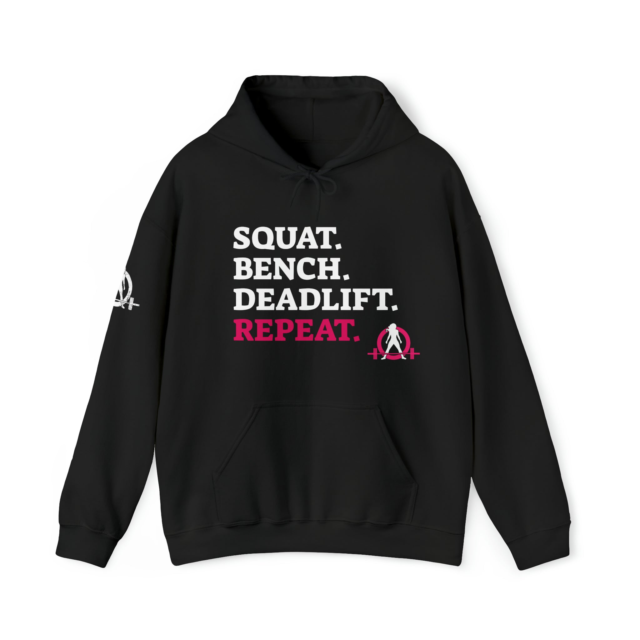Squat Bench Deadlift Repeat - Unisex Heavy Blend Hooded Sweatshirt - Dark WWLW Logo - Pink - Plain Black
