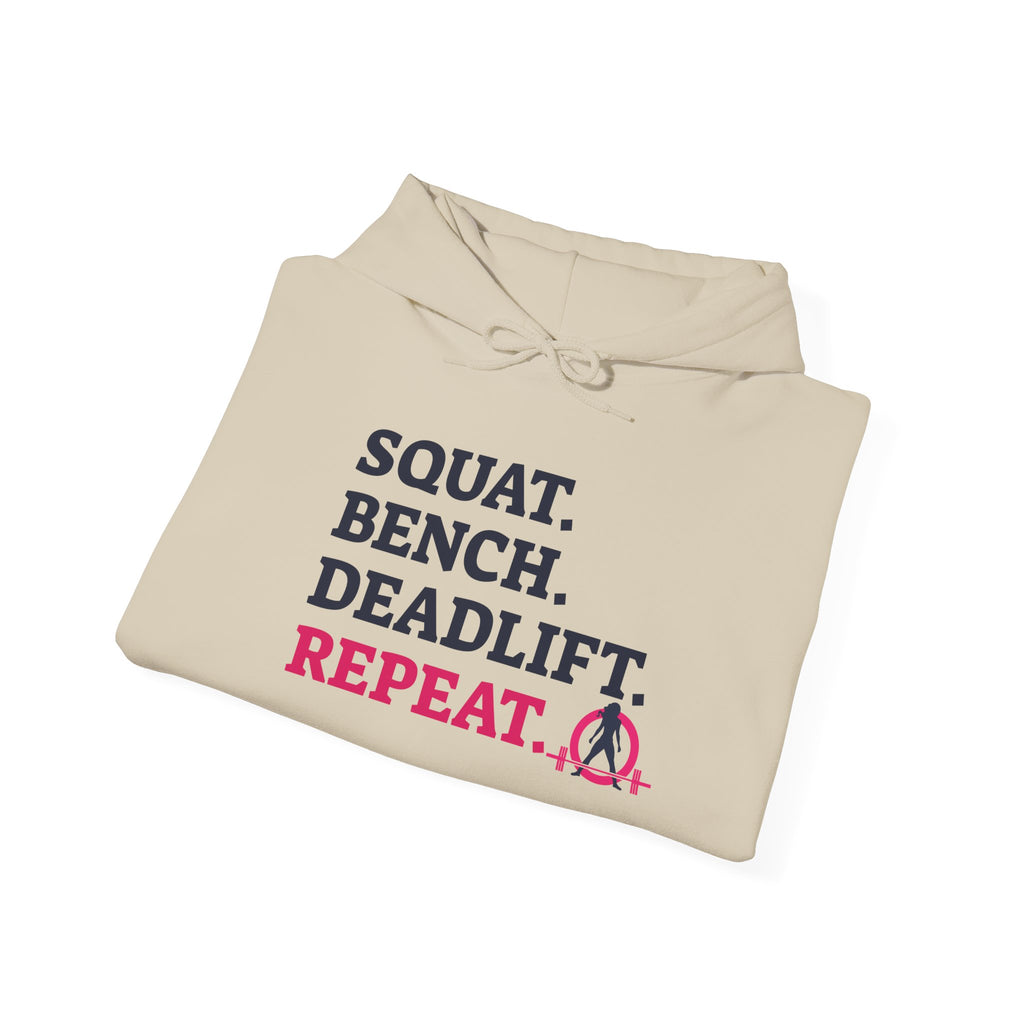 WWLW “Squat • Bench • Deadlift • Repeat” Hoodie - Front Dark Logo Plain Back