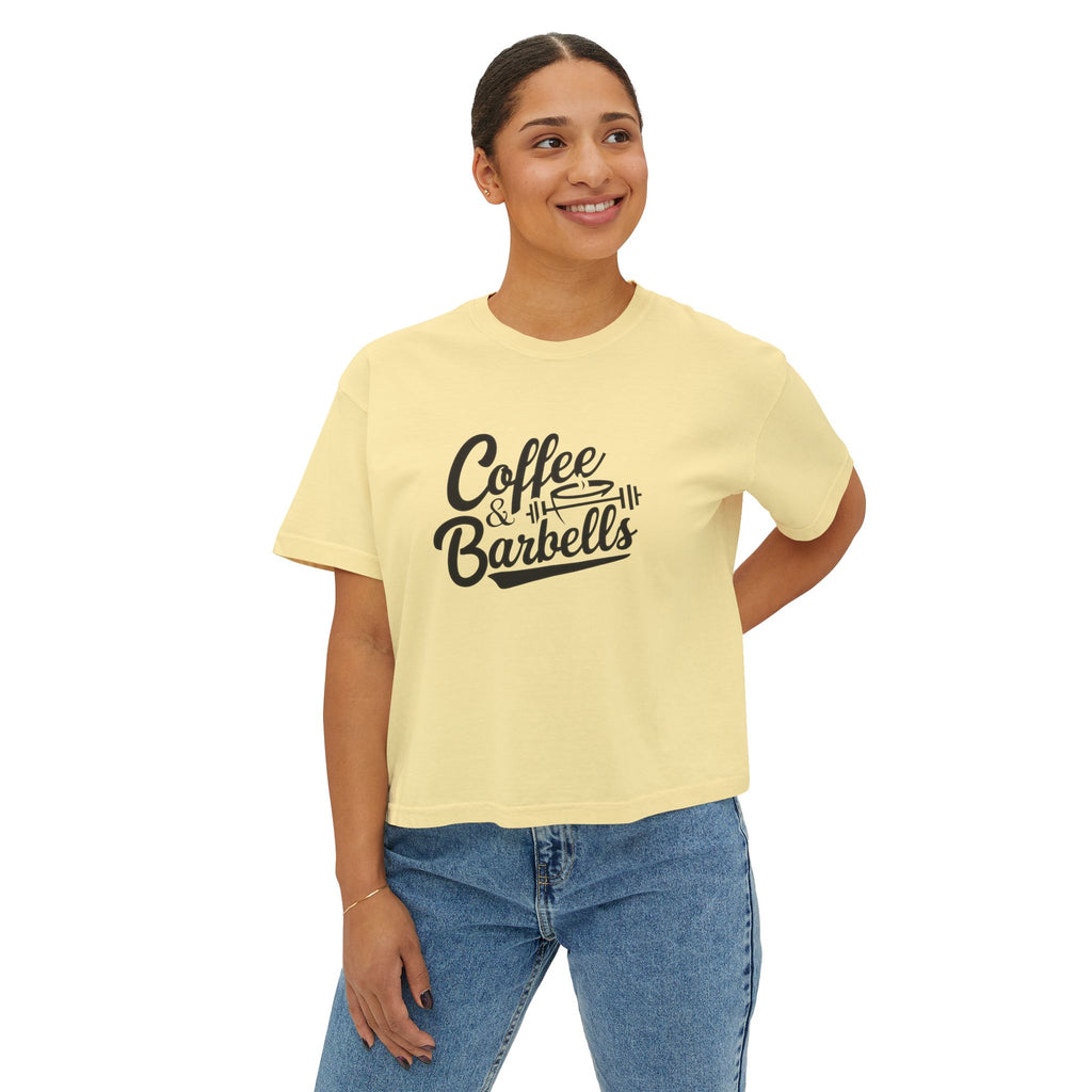 Coffee & Barbells - Women's Boxy Tee - Black Logo Front Plain Back