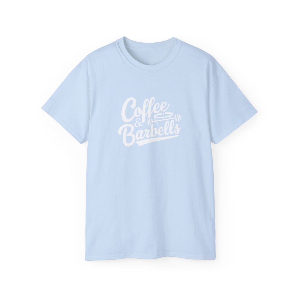 Coffee & Barbells - Unisex Ultra Cotton Tee - Front White Logo - Plain Back